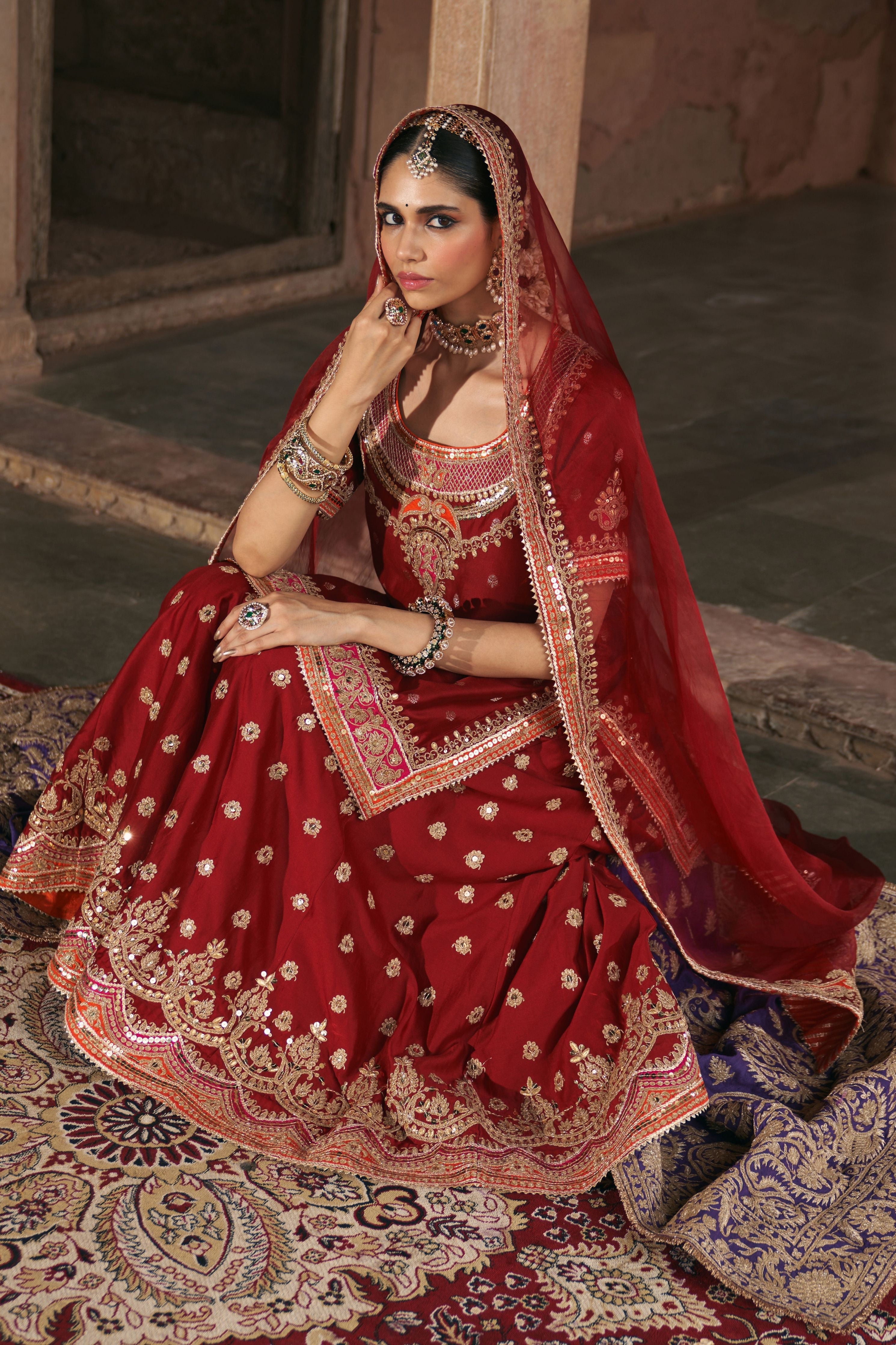 Samreen  Deep Red Short Kurta With Sharara And Dupatta