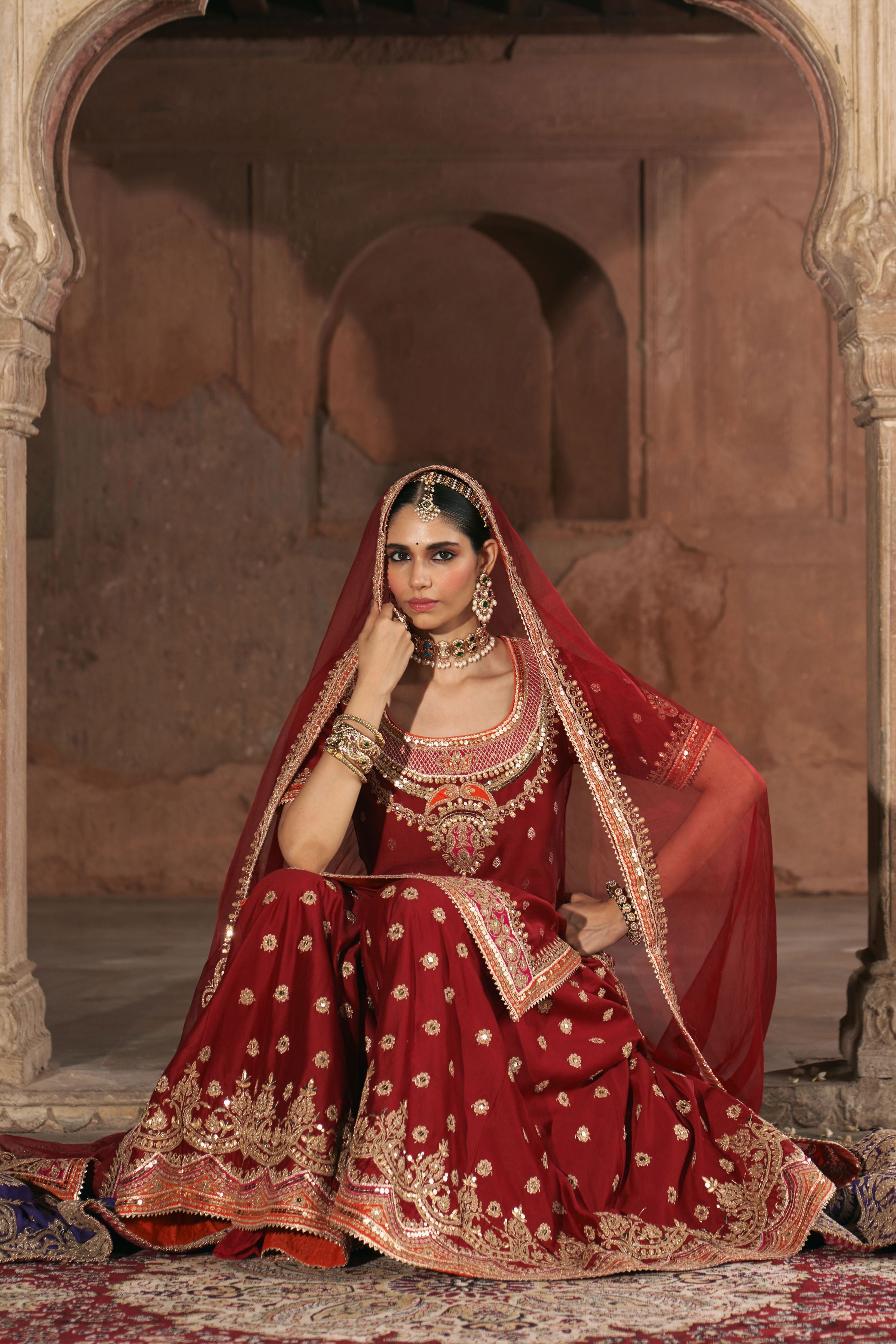 Samreen  Deep Red Short Kurta With Sharara And Dupatta
