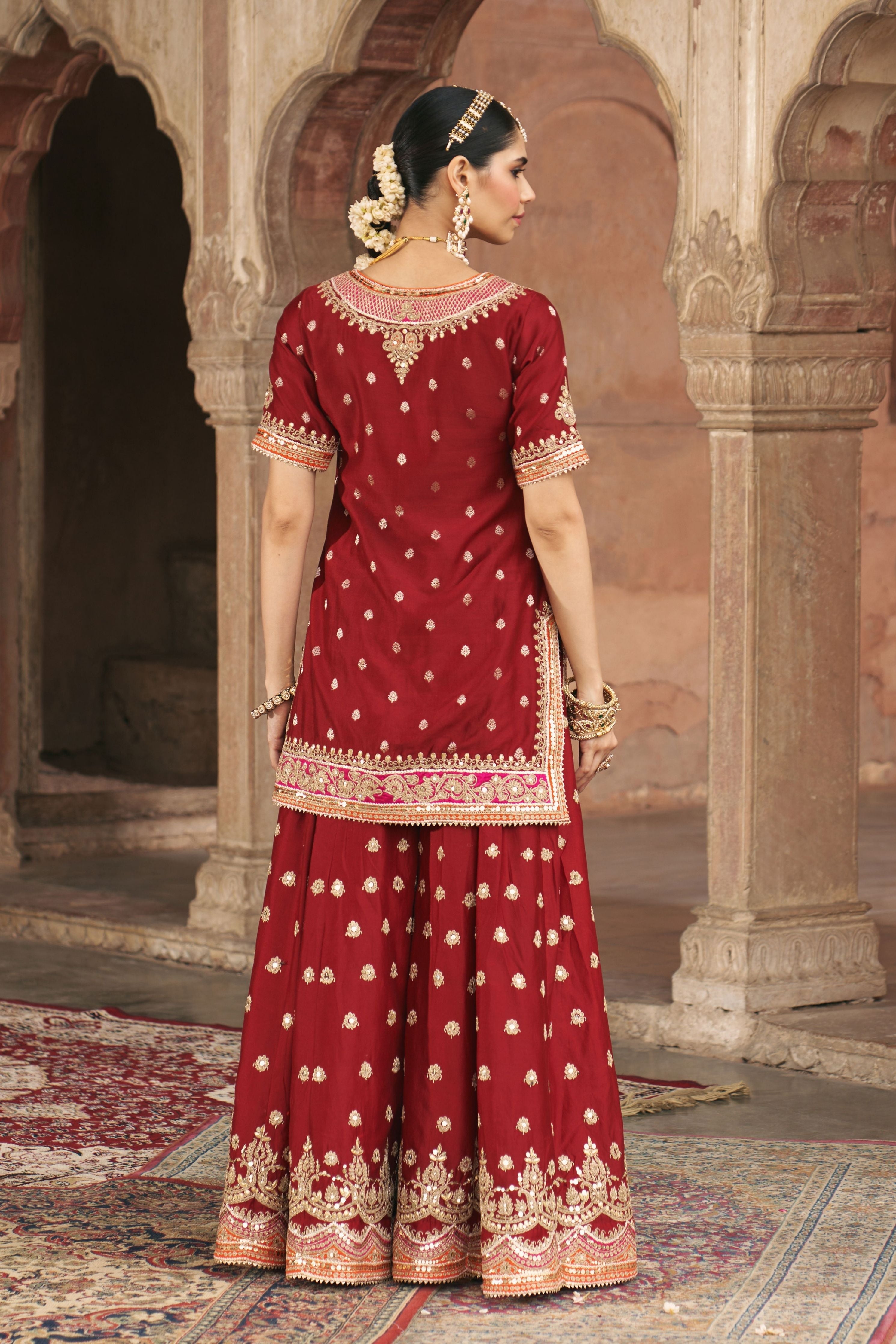 Samreen  Deep Red Short Kurta With Sharara And Dupatta