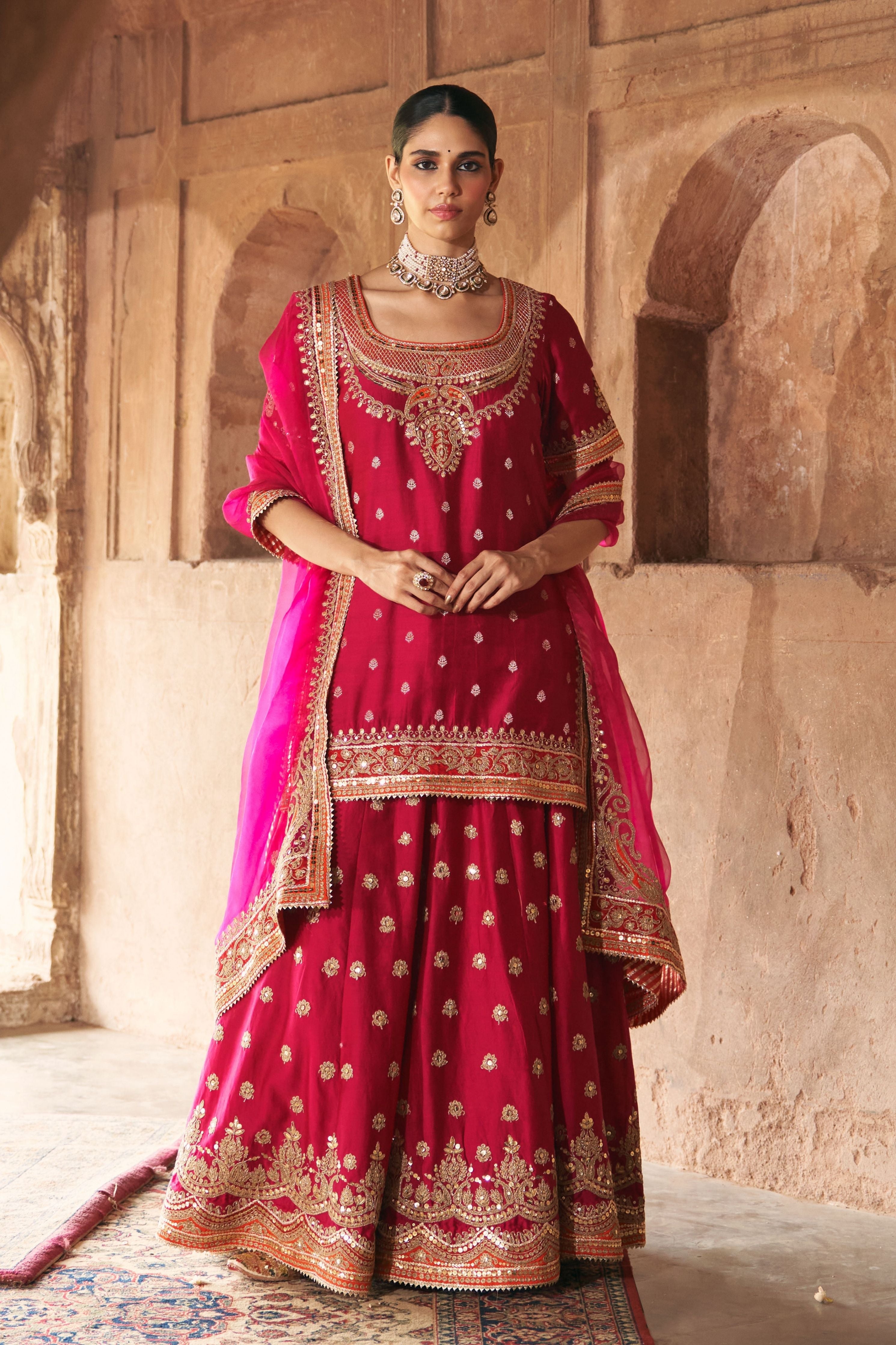 Samreen  Hotpink Short Kurta With Sharara And Dupatta