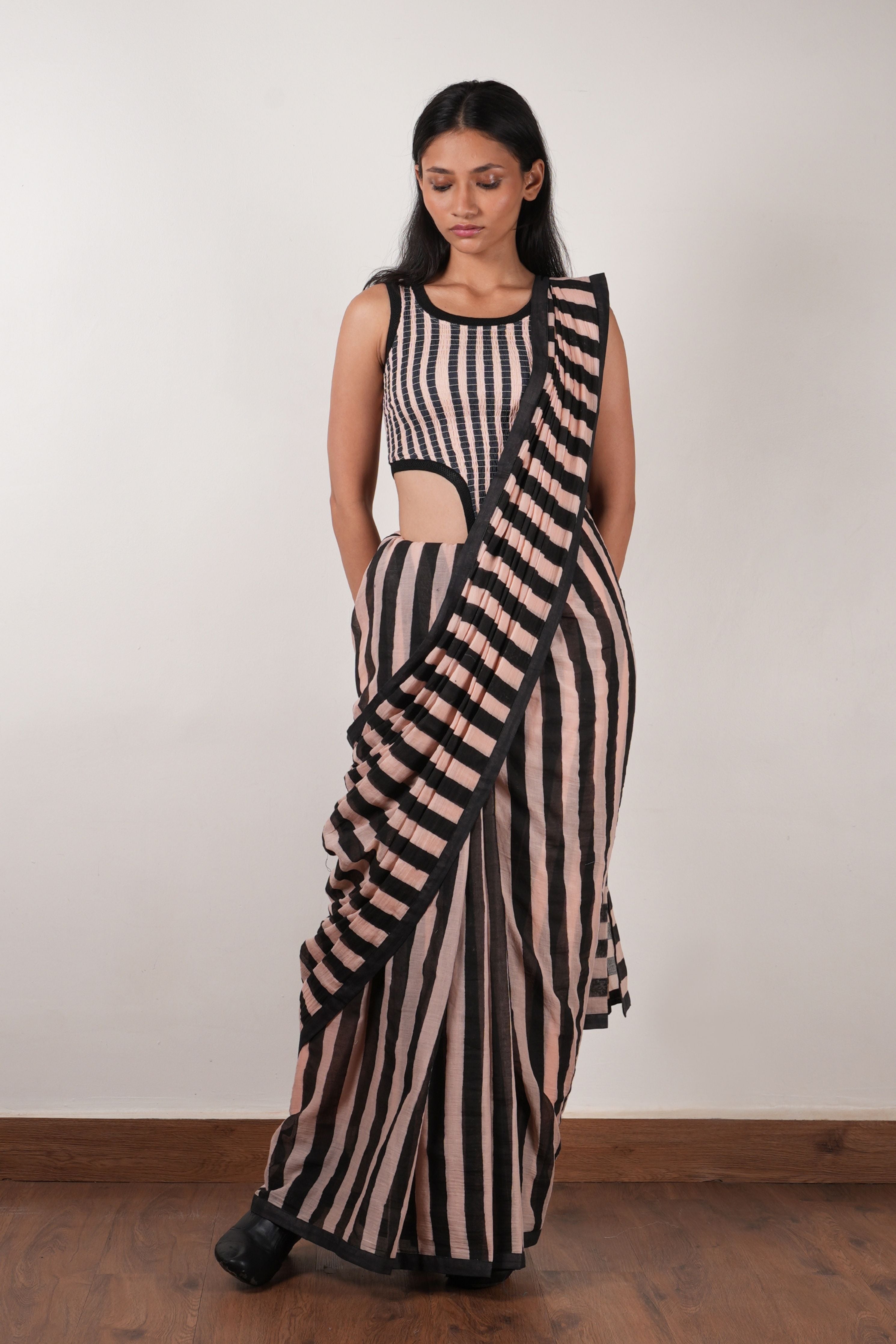 Pink with Charcoal Block Printed Saree