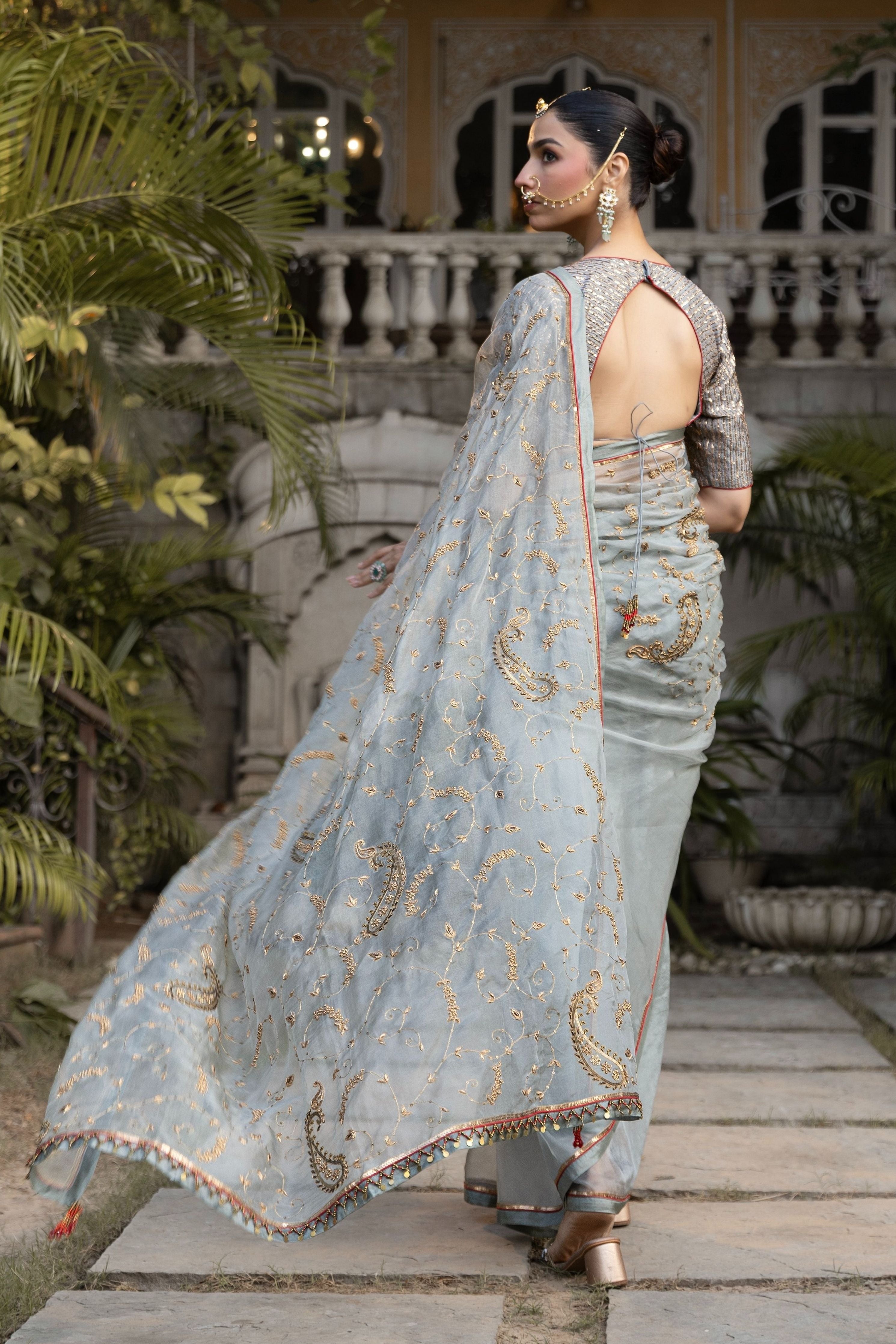Slate Blue Saree With Blouse