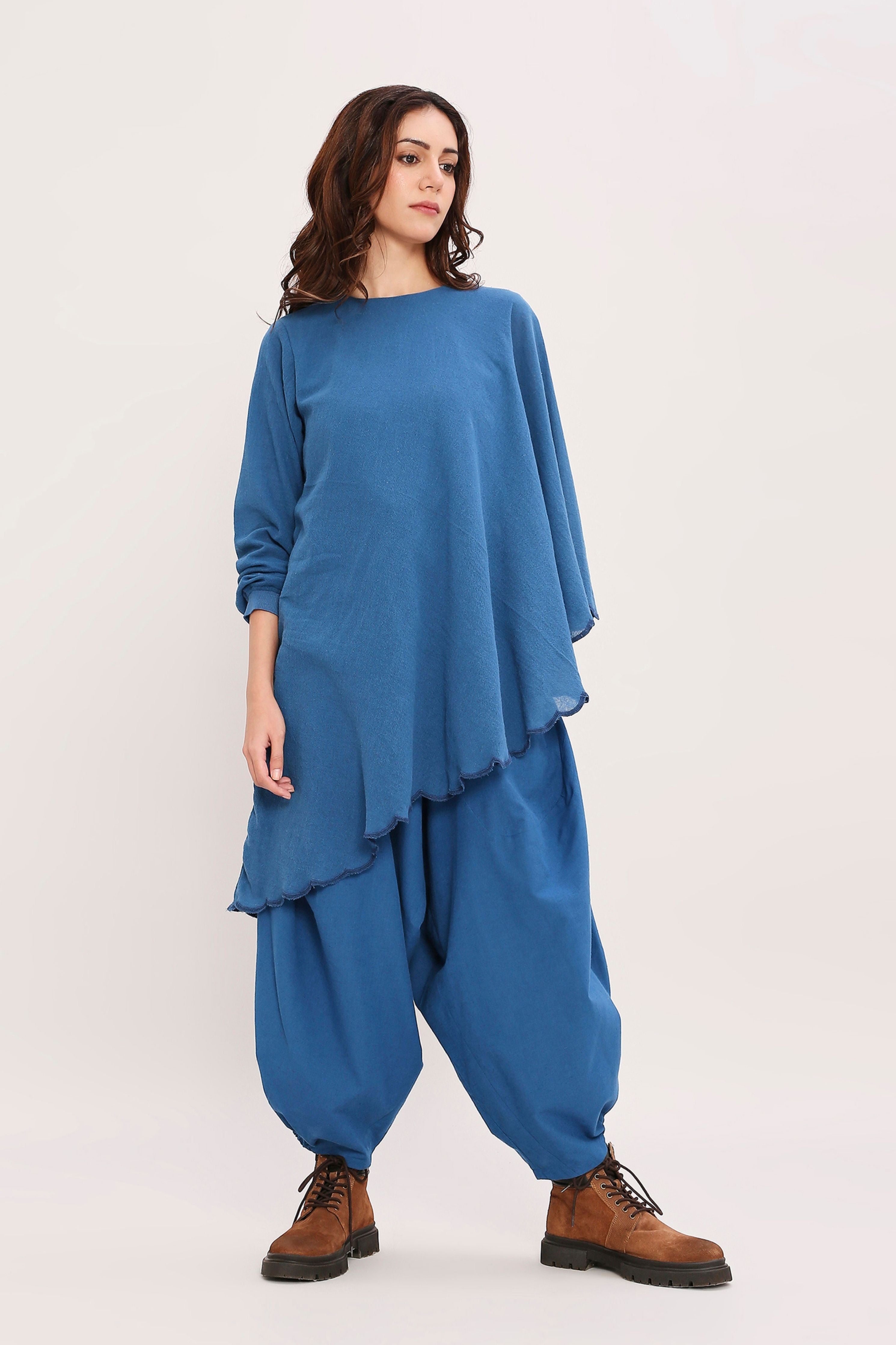 Blue Ribbed Scallop Tunic Set