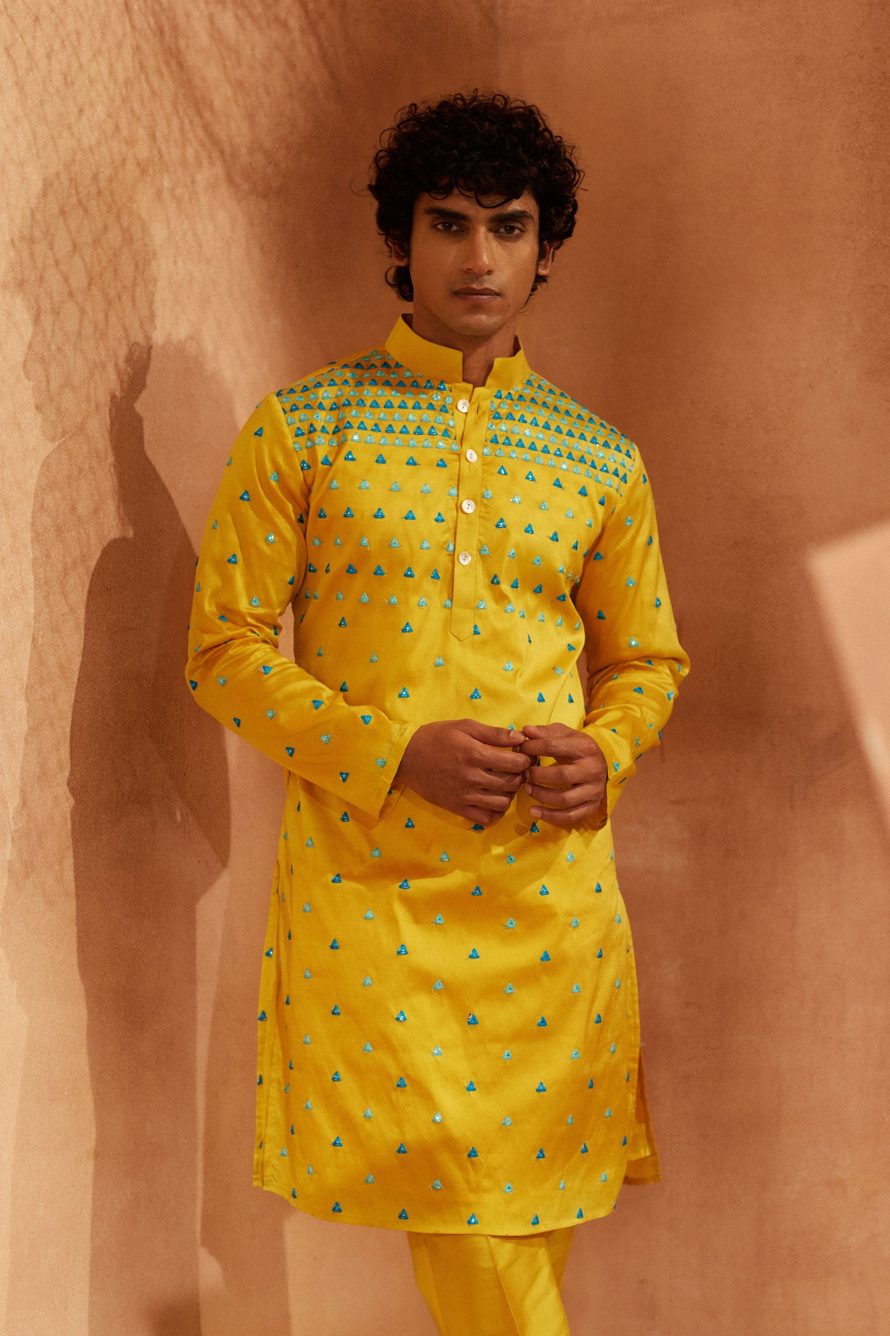 Trikona Yellow Mirror Kurta Set