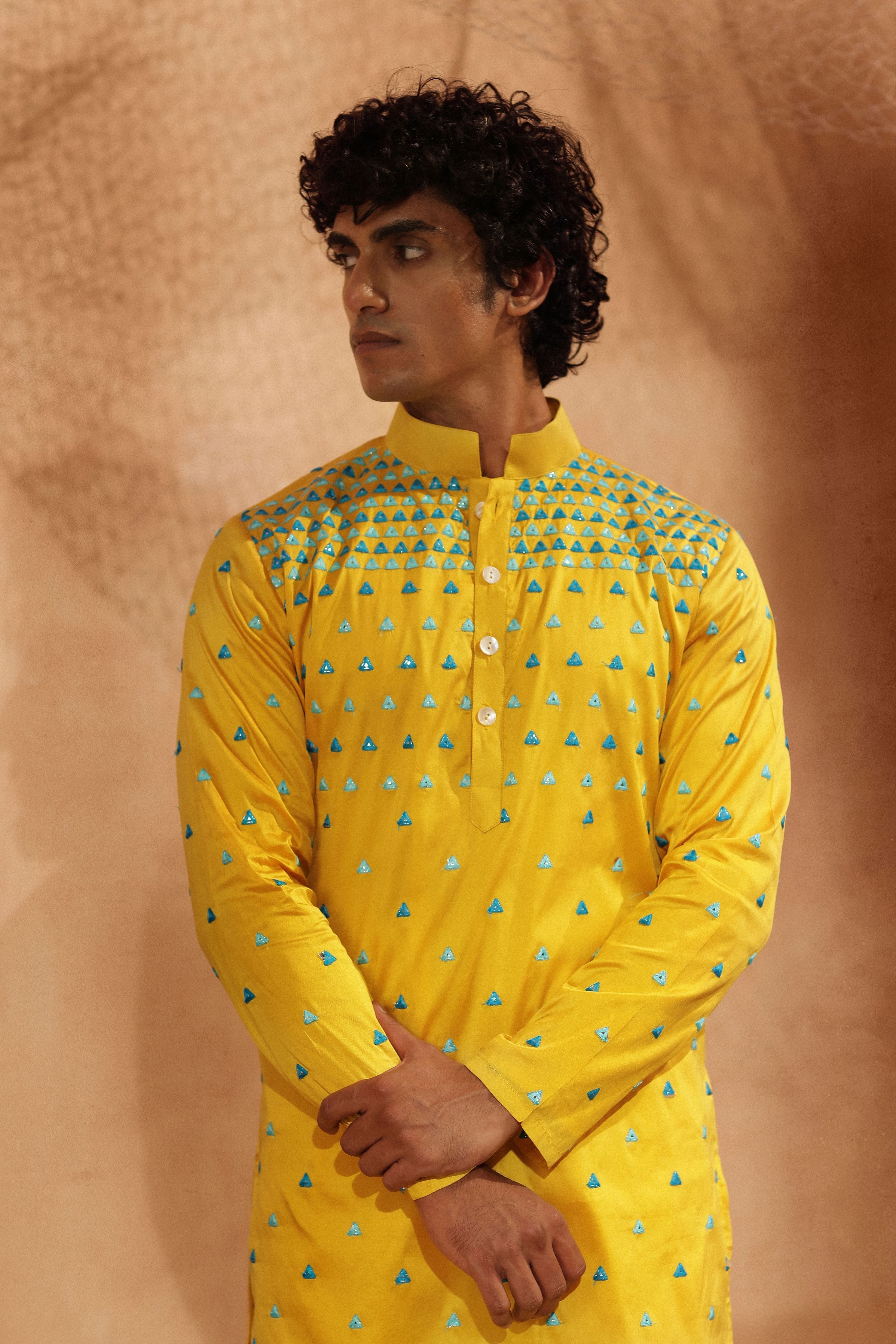 Trikona Yellow Mirror Kurta Set