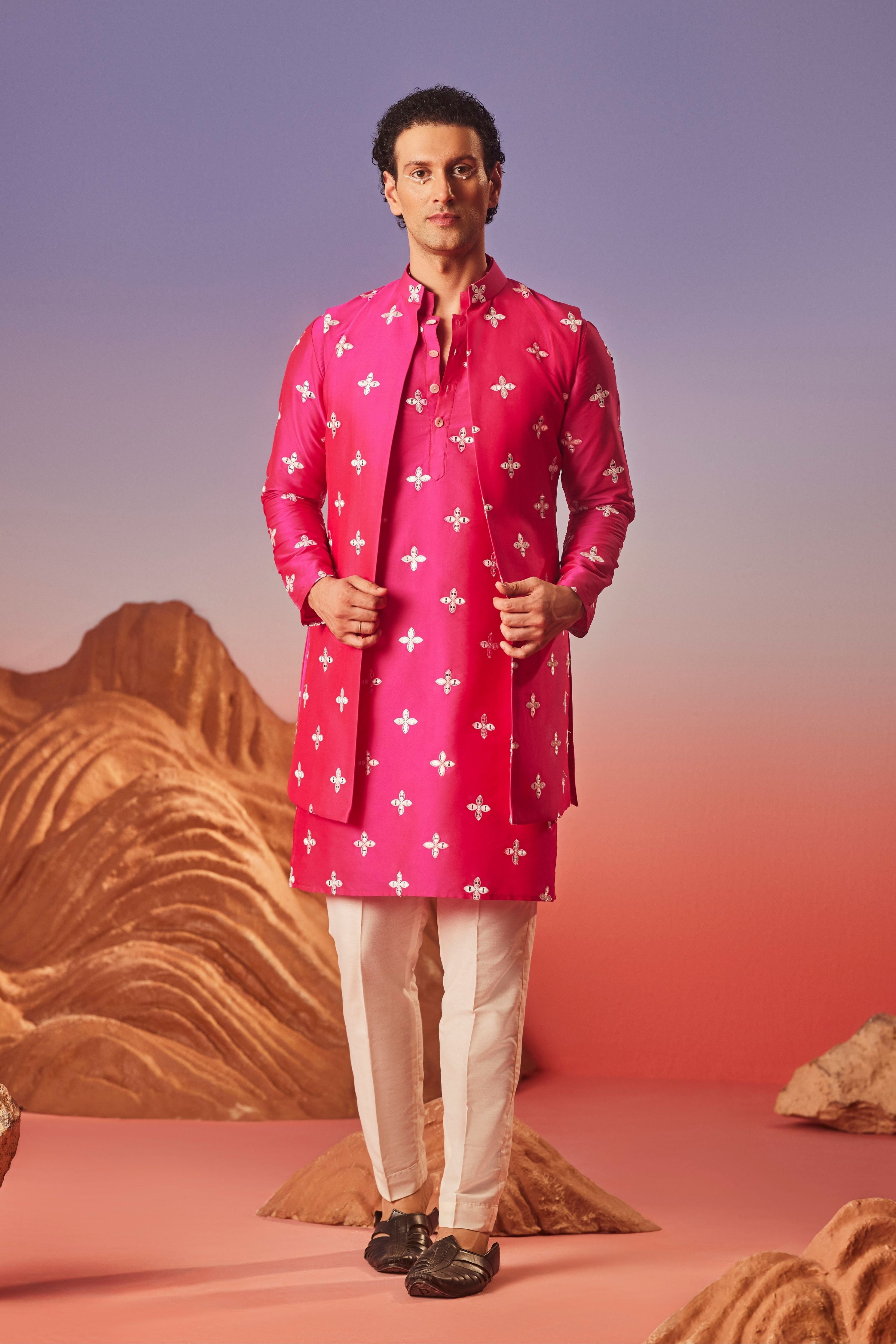 Gul Silk Embroidery Nehru Jacket Set