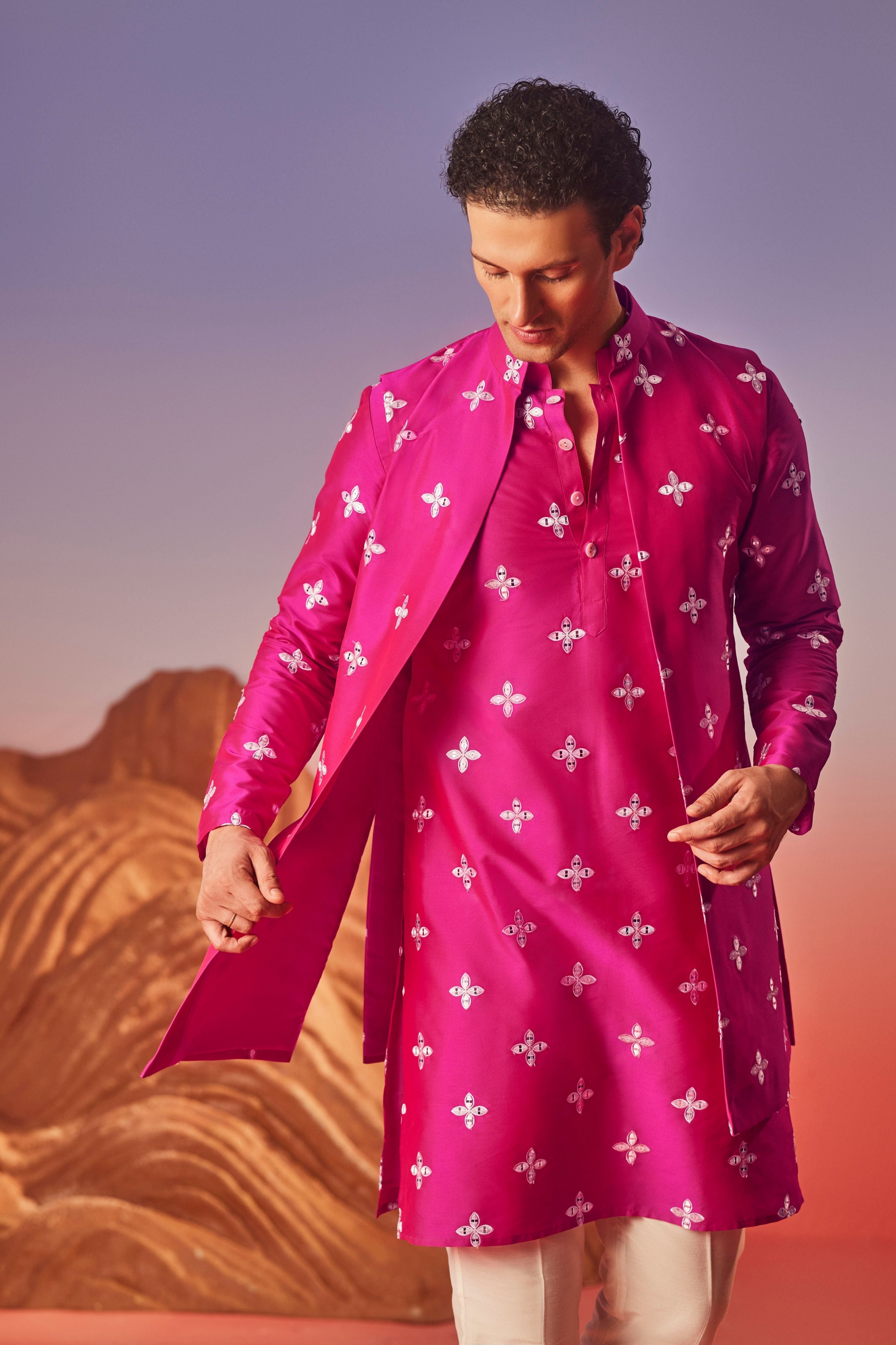 Gul Silk Embroidery Nehru Jacket Set
