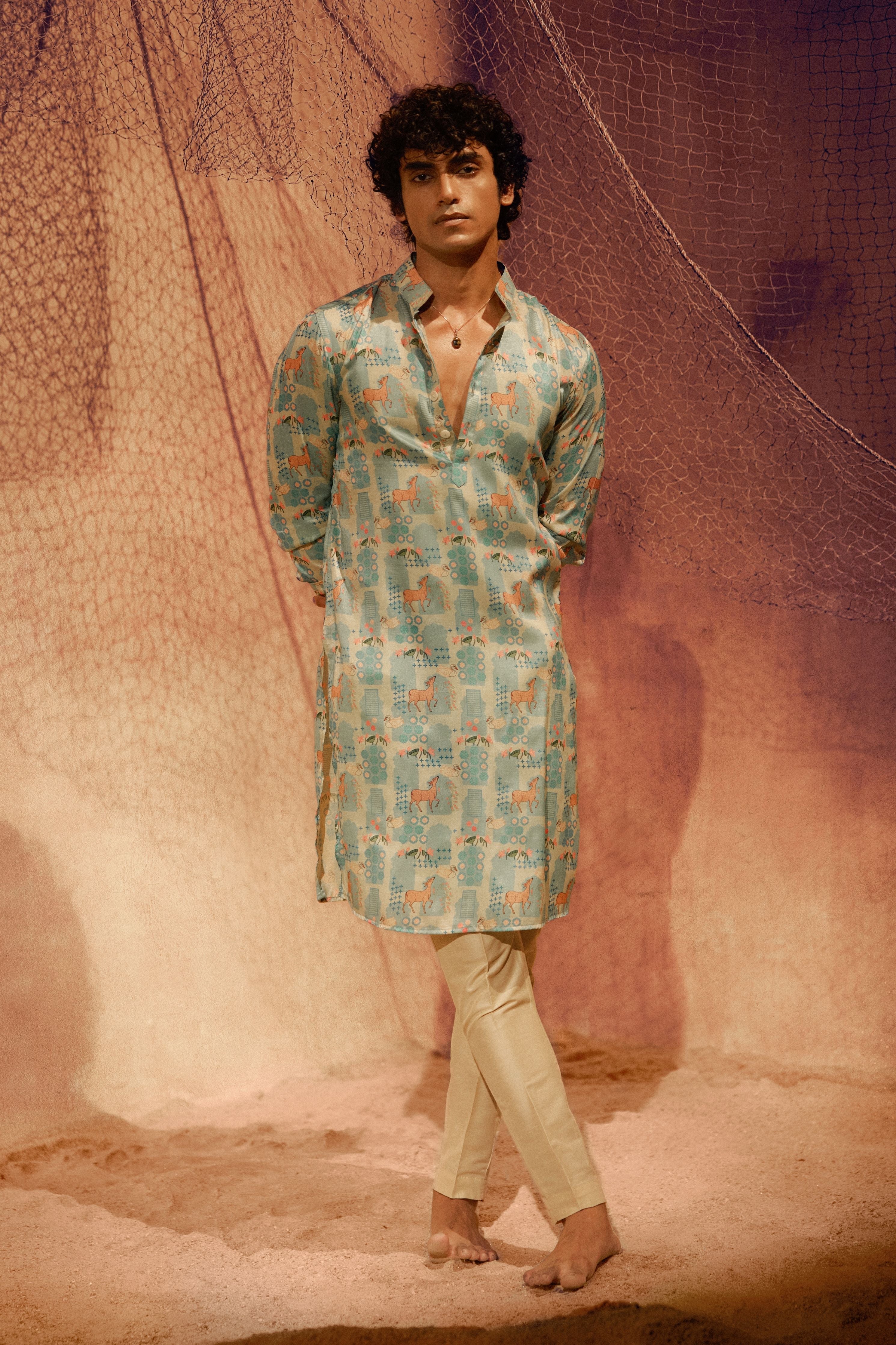Deer Park Printed Silk Kurta Set