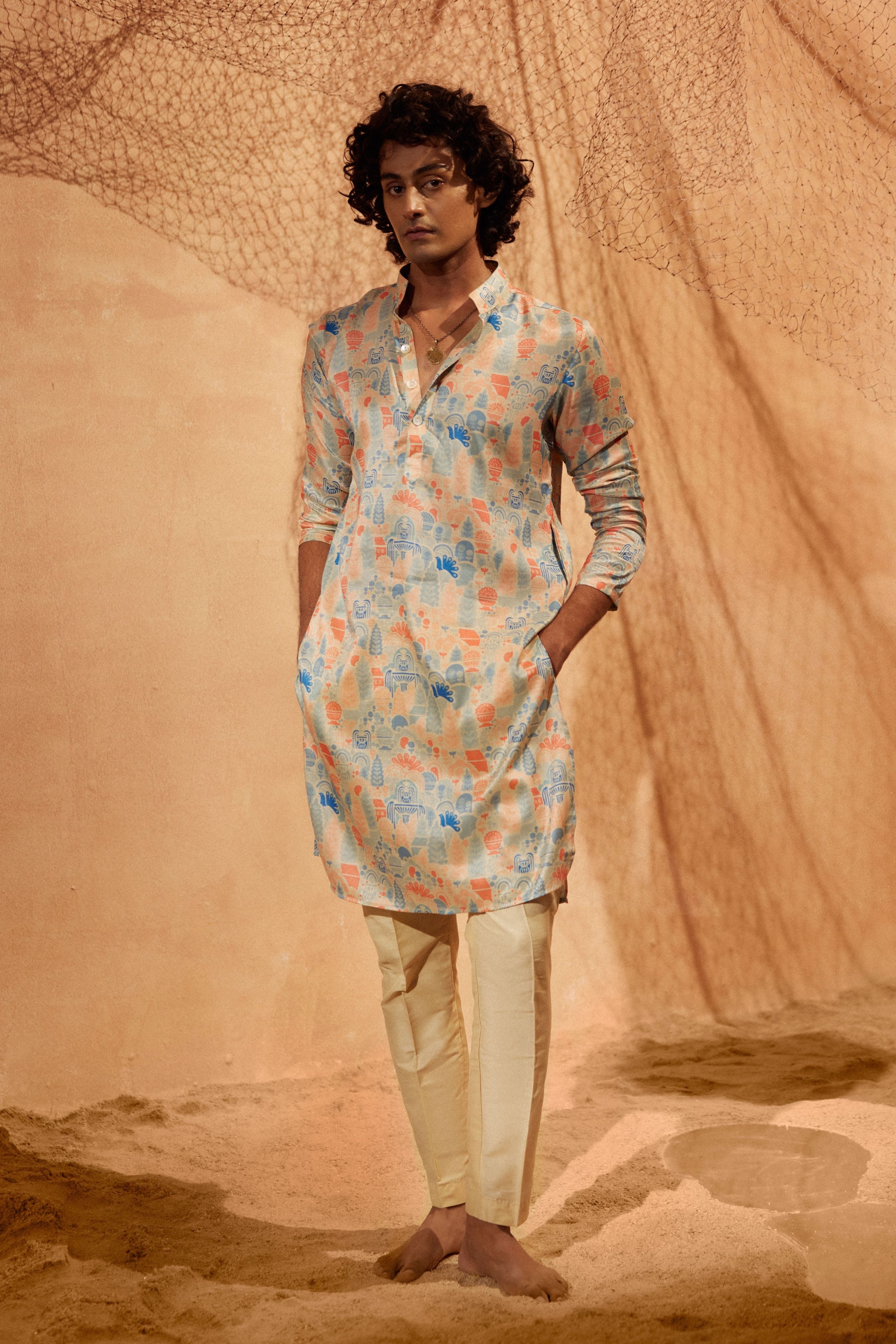 Waterland Printed Silk Kurta Set