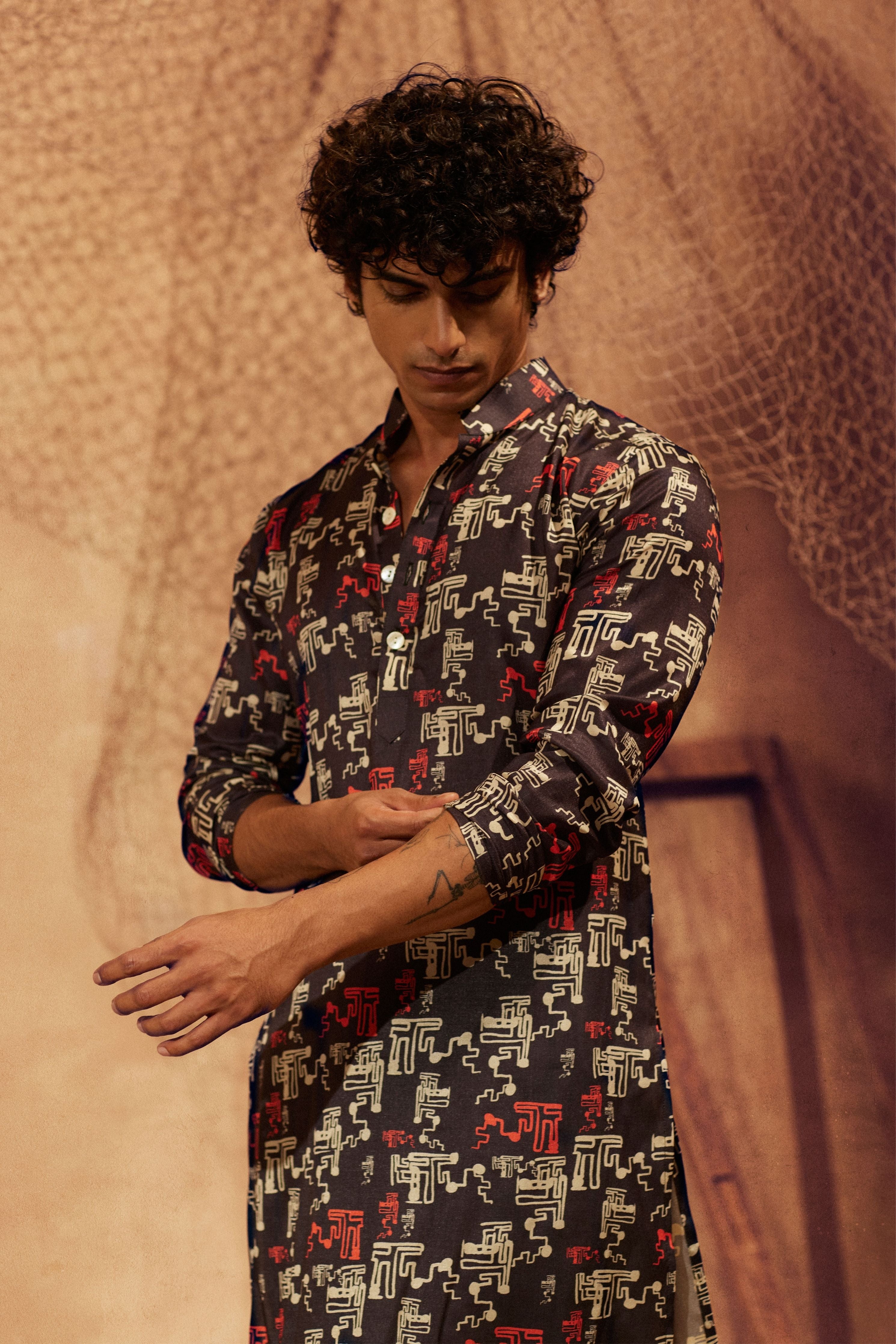 Black Night Printed Silk Kurta Set