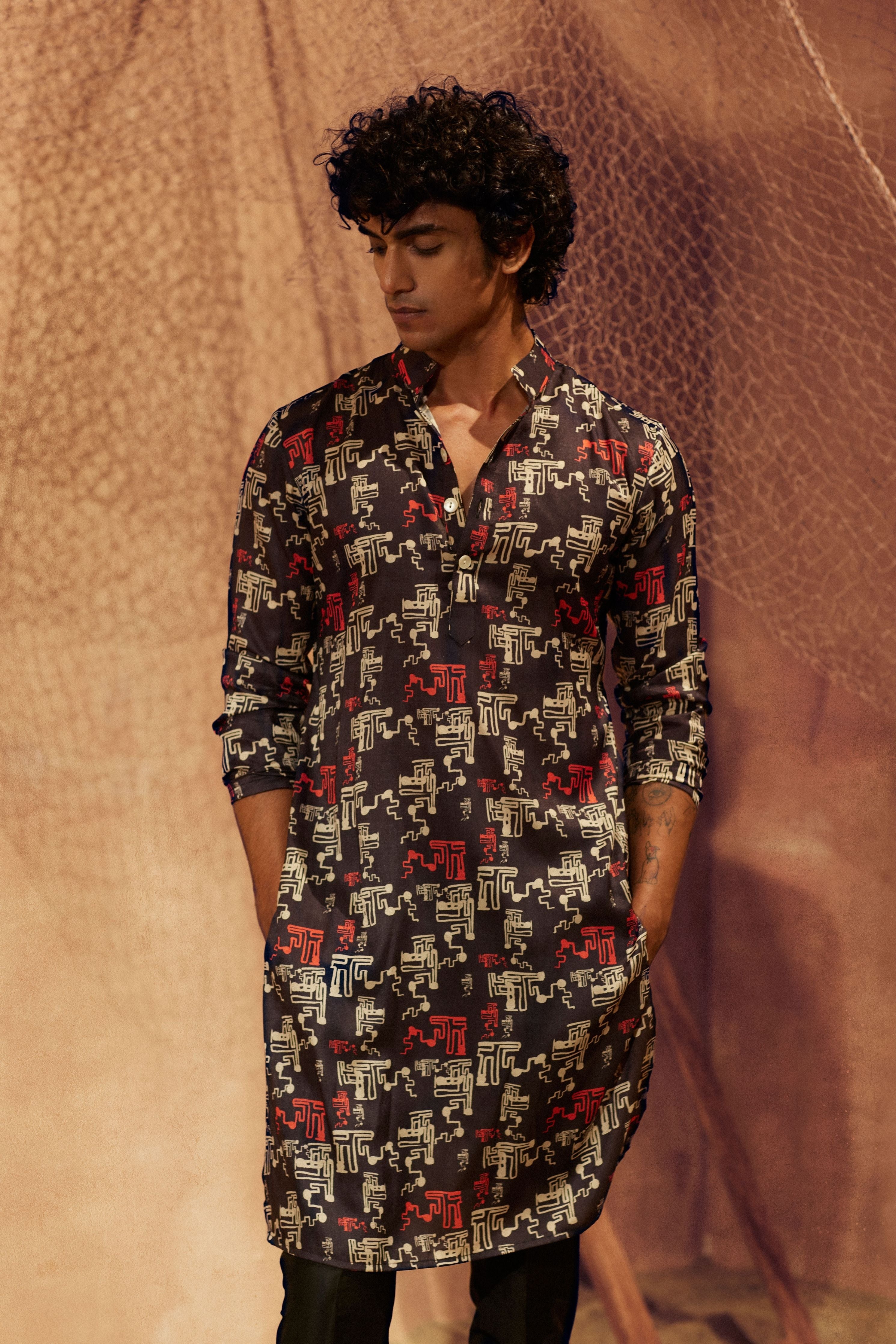 Black Night Printed Silk Kurta Set