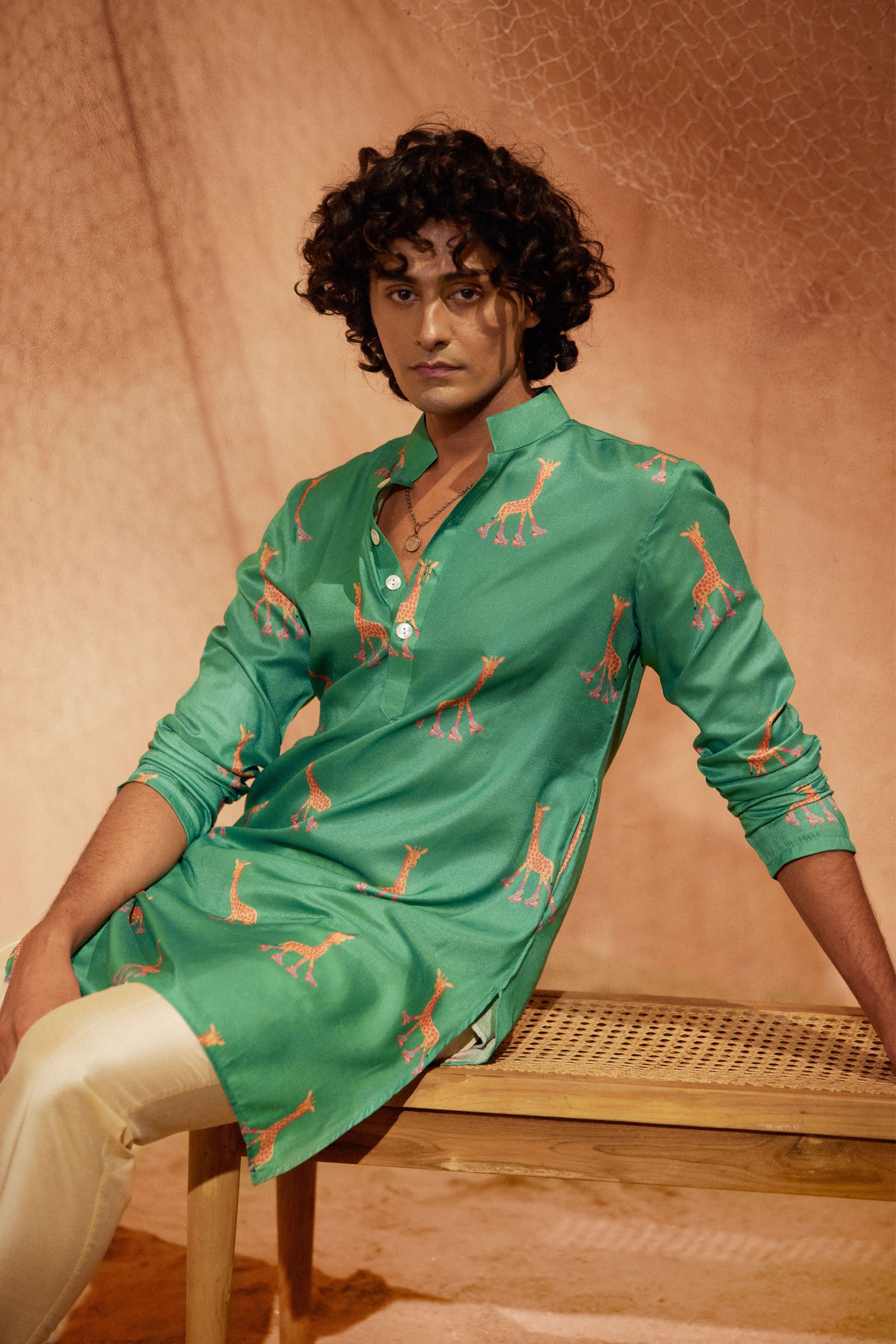 Rolling Giraffe  Printed Silk Kurta Set