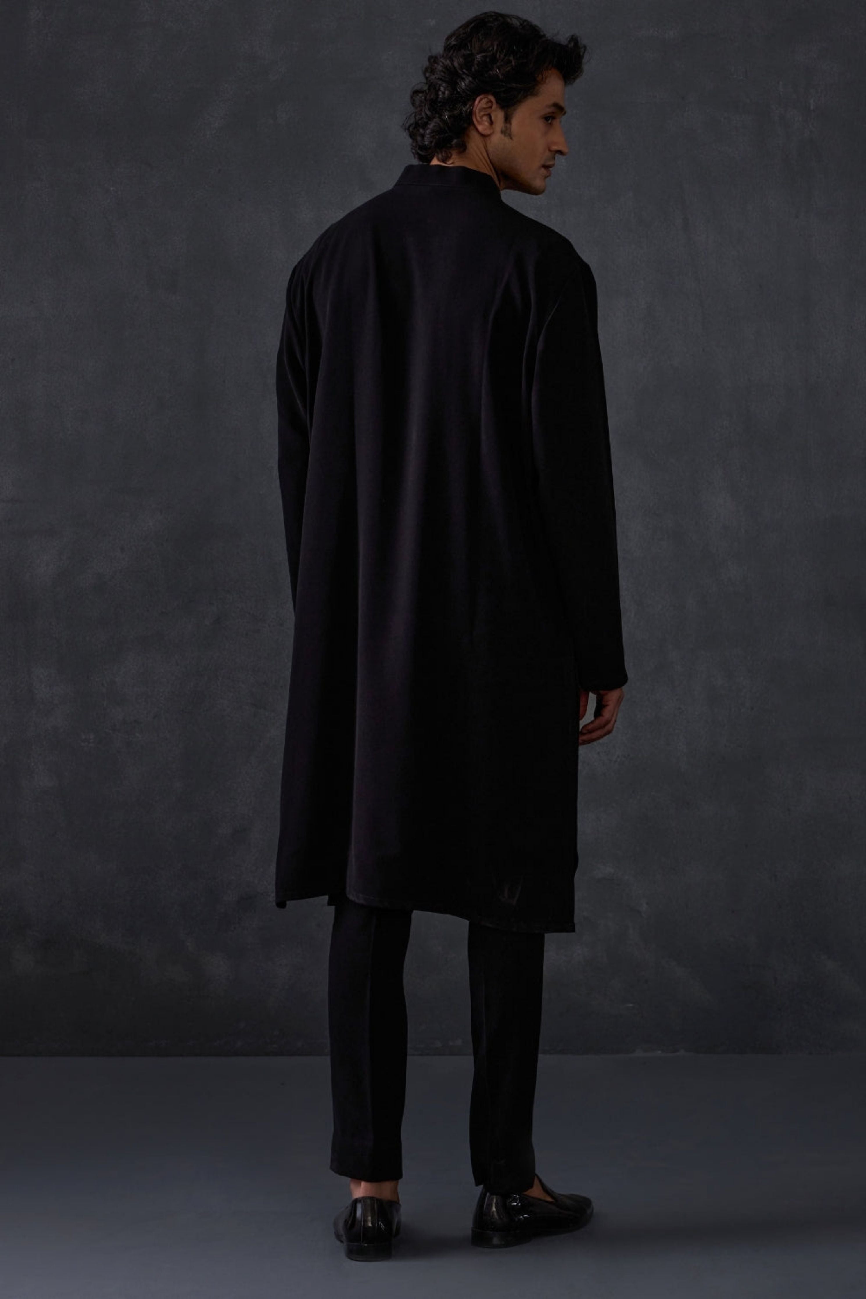 Black Kurta With Leather Detailing And Trousers