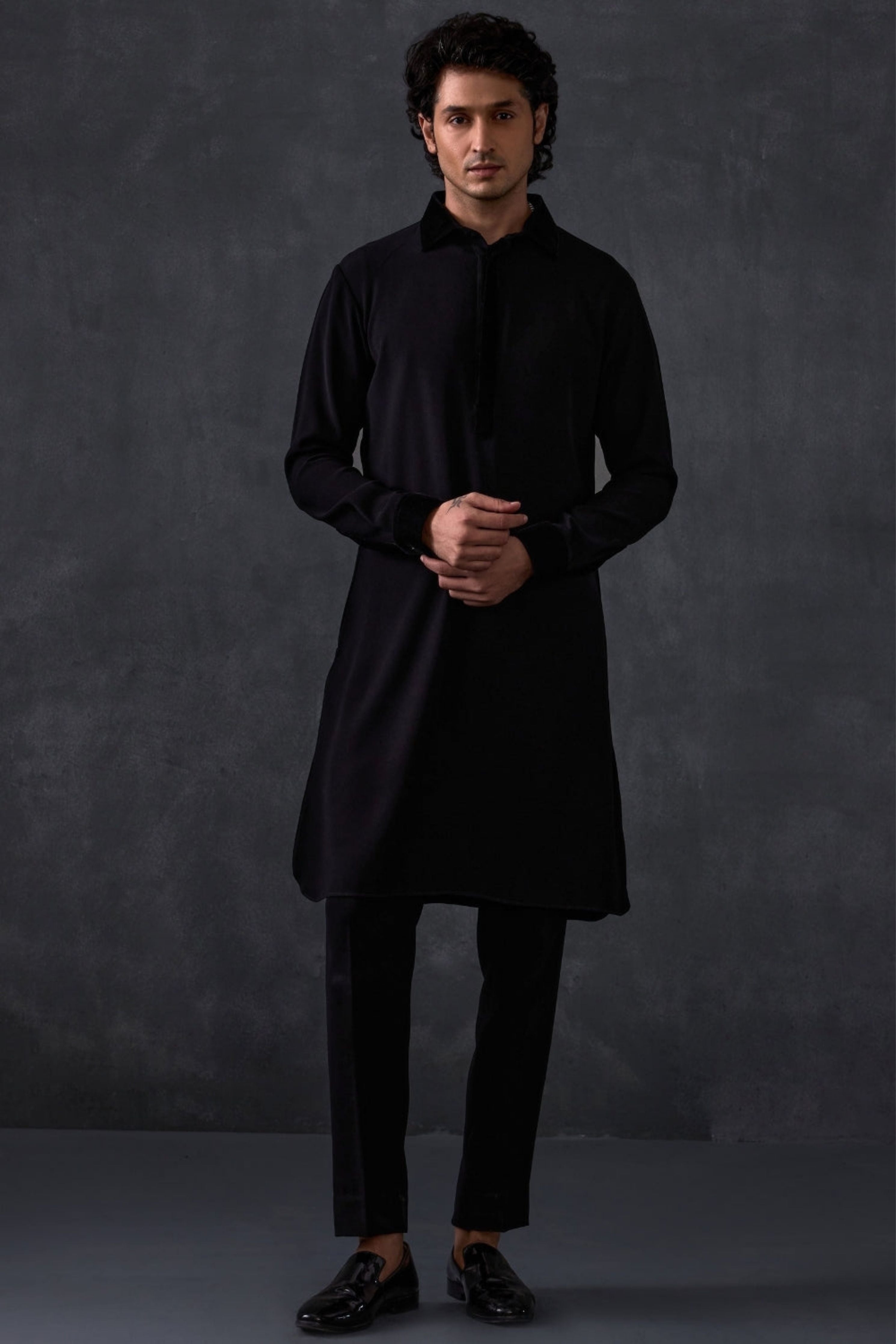 Black Pathani With Velvet Detailing On Collar And Cuff With Trousers