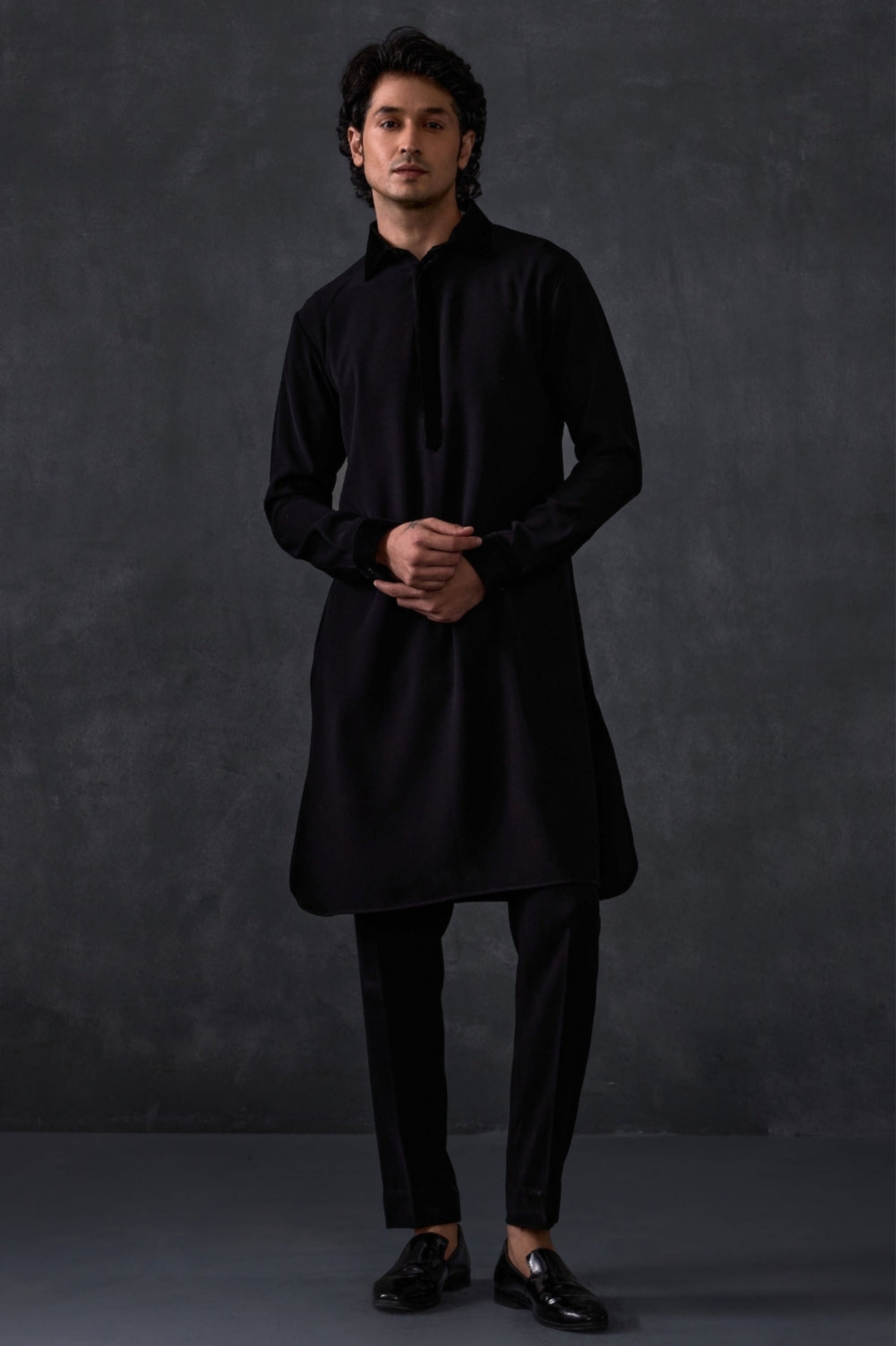 Black Pathani With Velvet Detailing On Collar And Cuff With Trousers