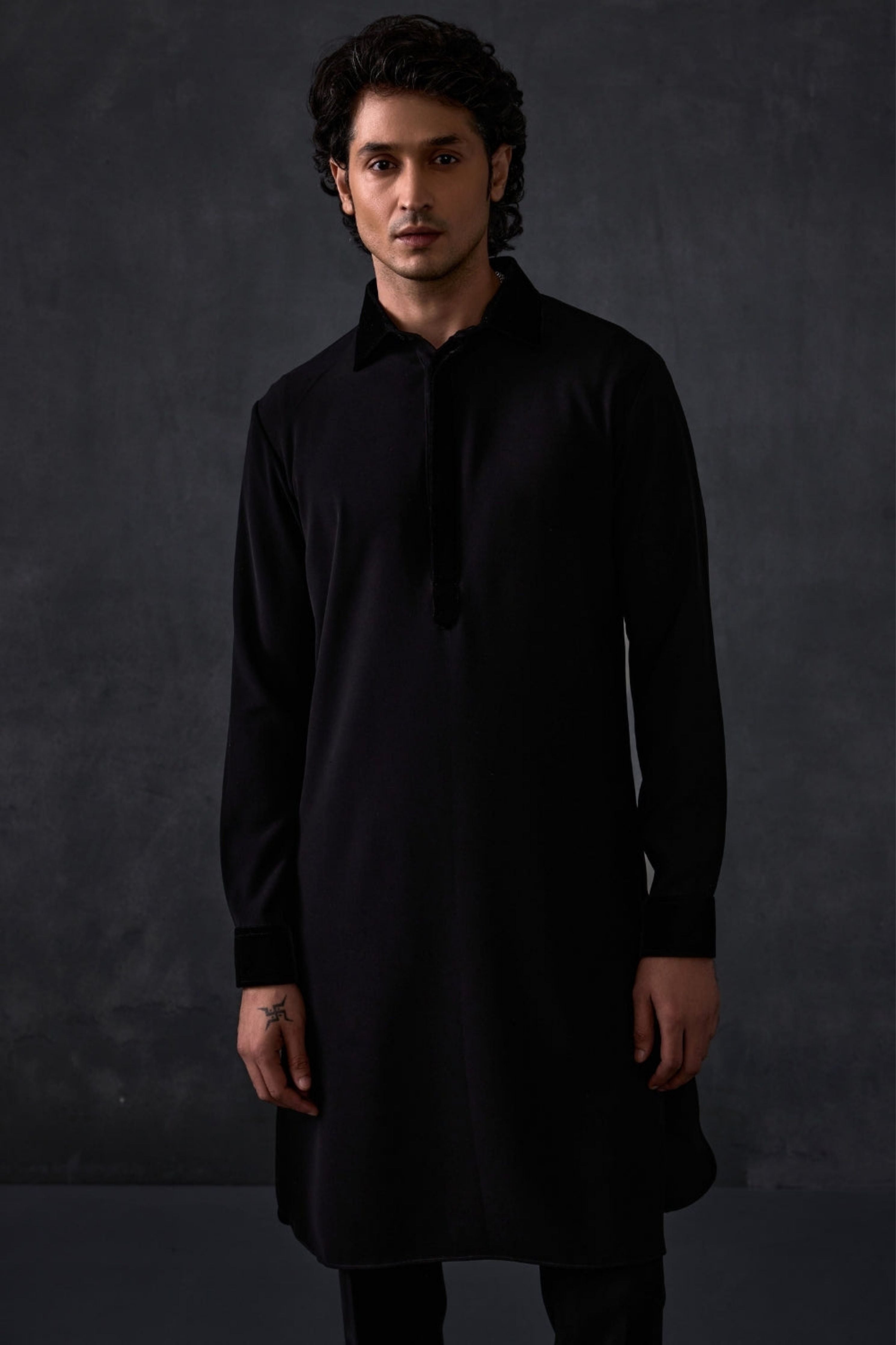 Black Pathani With Velvet Detailing On Collar And Cuff With Trousers