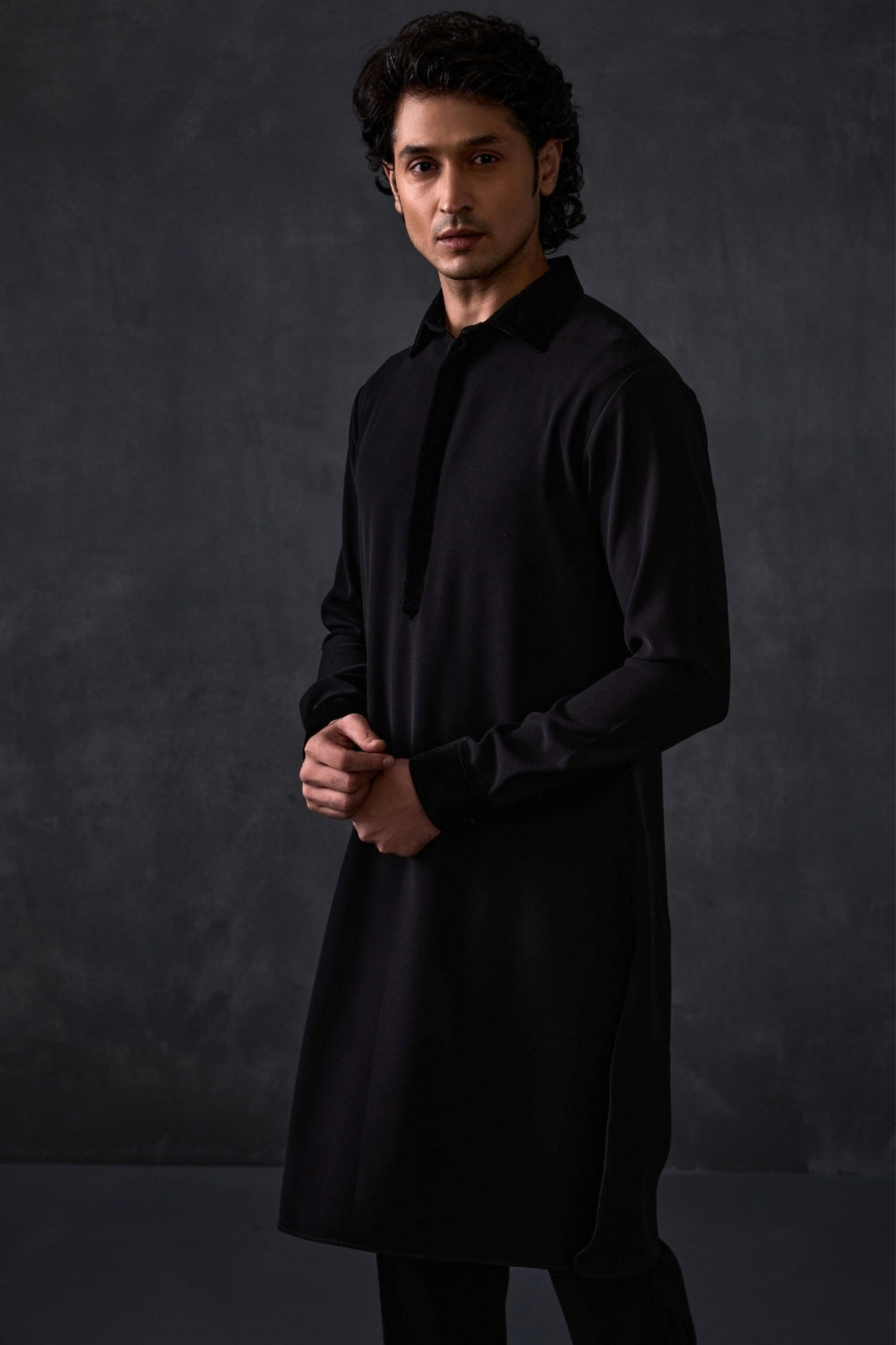 Black Pathani With Velvet Detailing On Collar And Cuff With Trousers