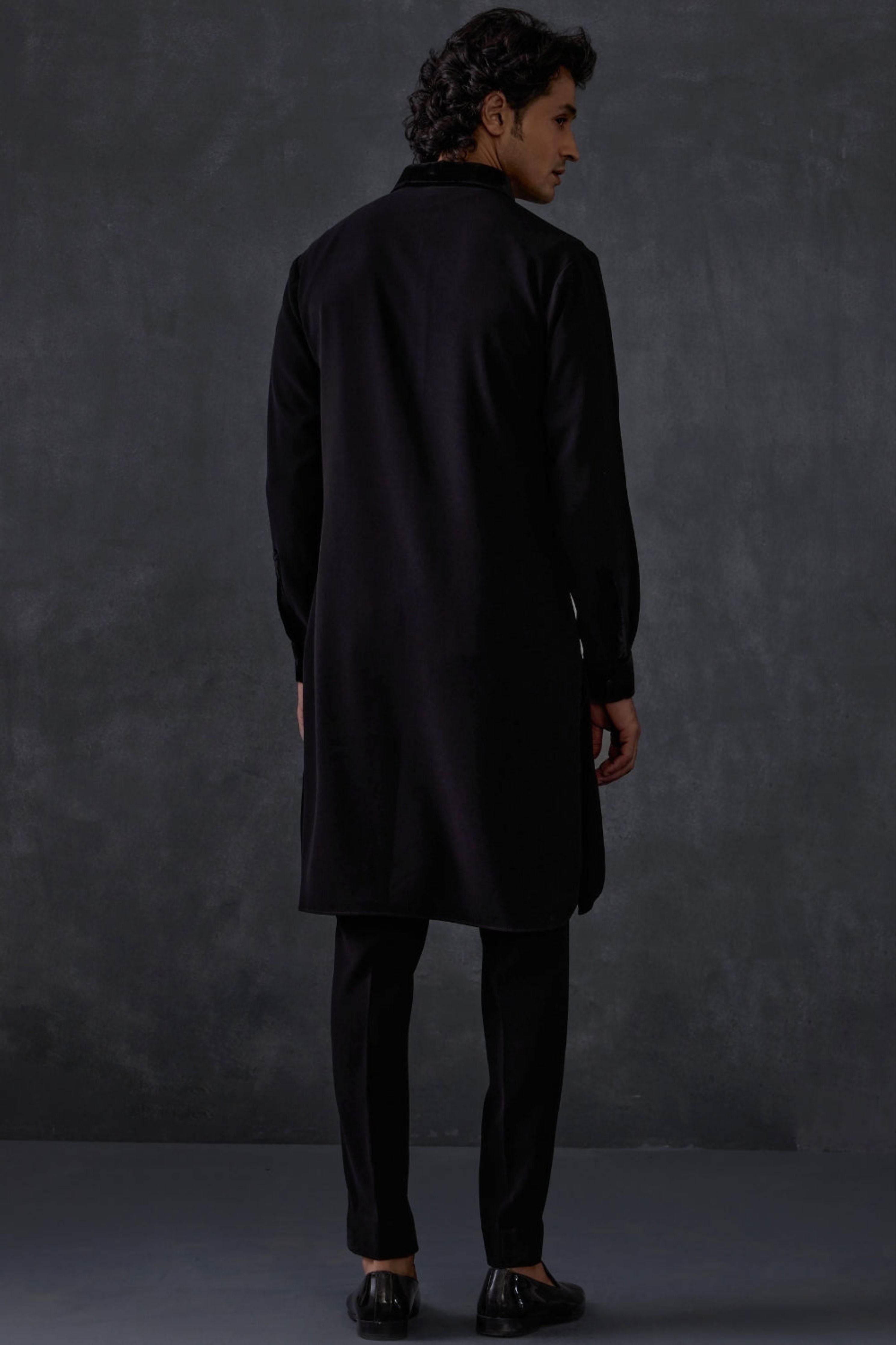Black Pathani With Velvet Detailing On Collar And Cuff With Trousers