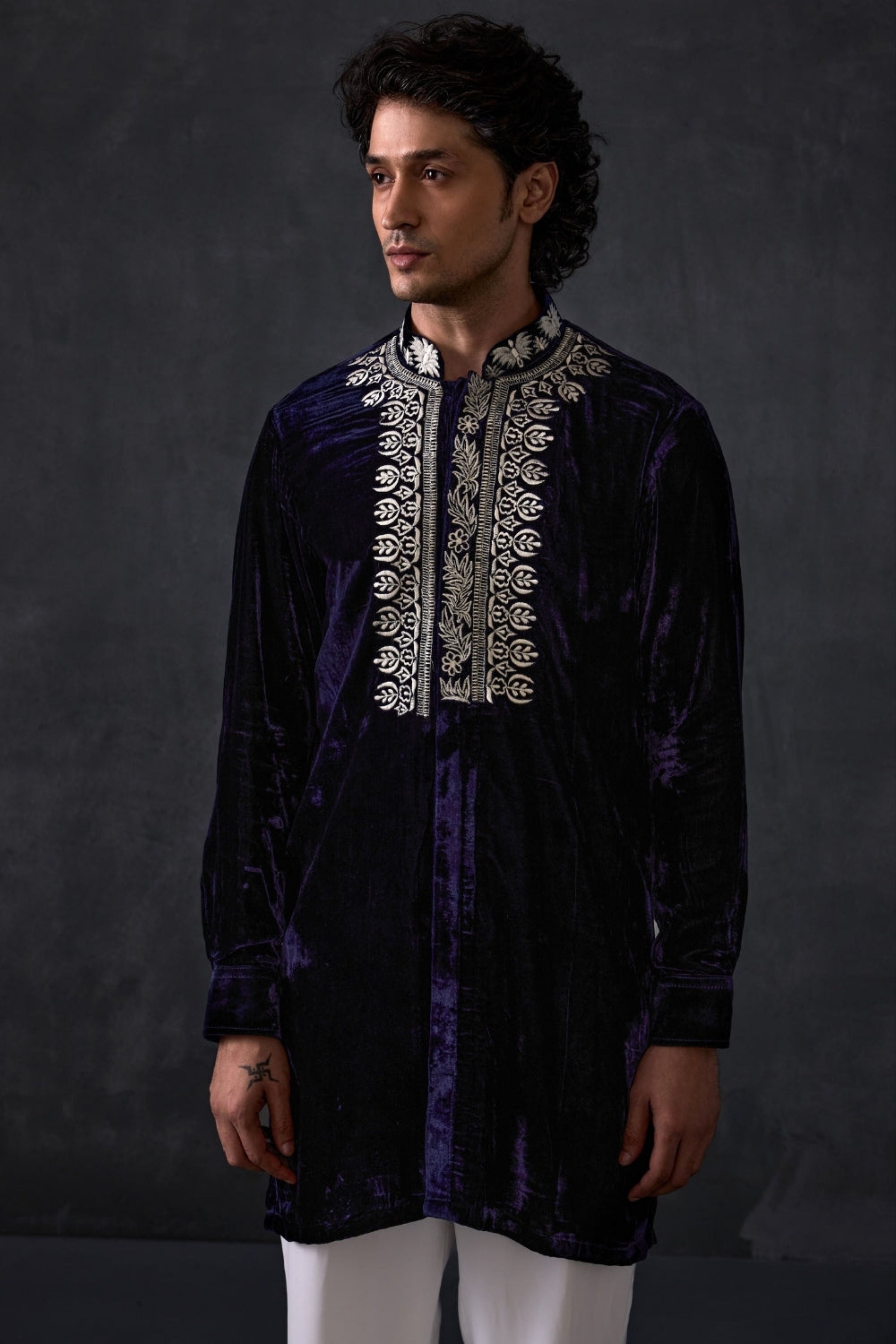 Navy Velvet Kurta With Bootleg Trousers