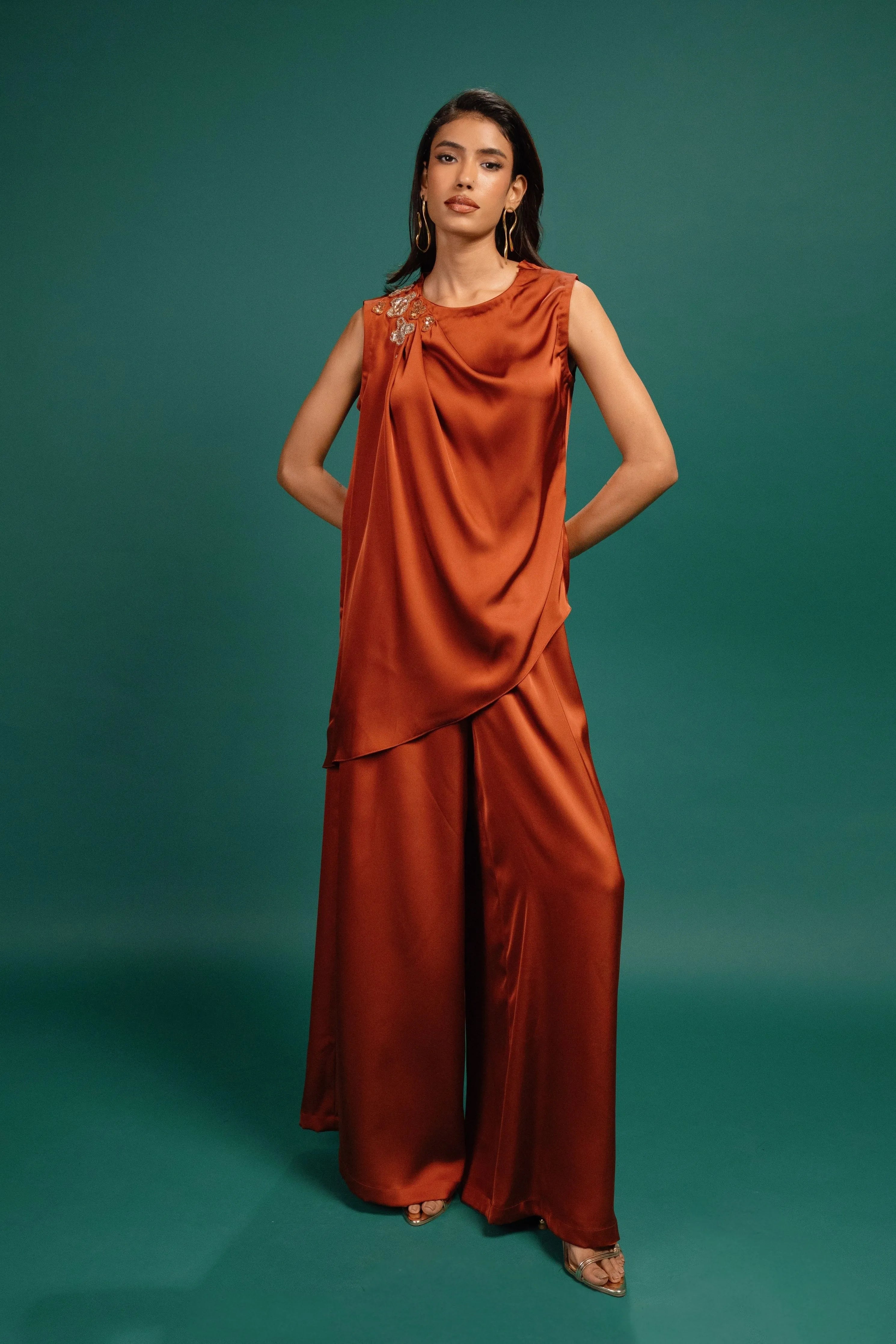 Rust Flared Satin Pants