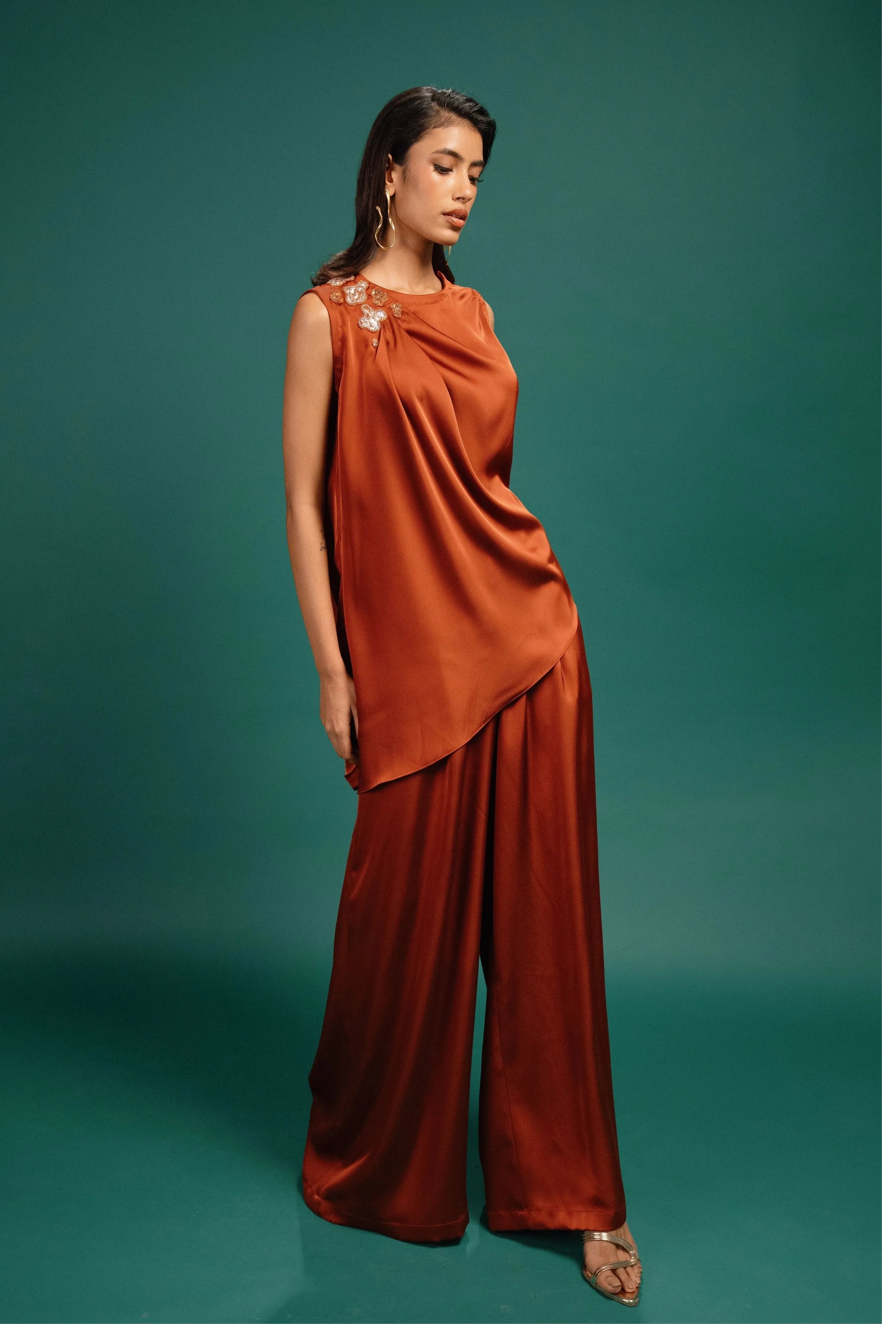 Rust Flared Satin Pants