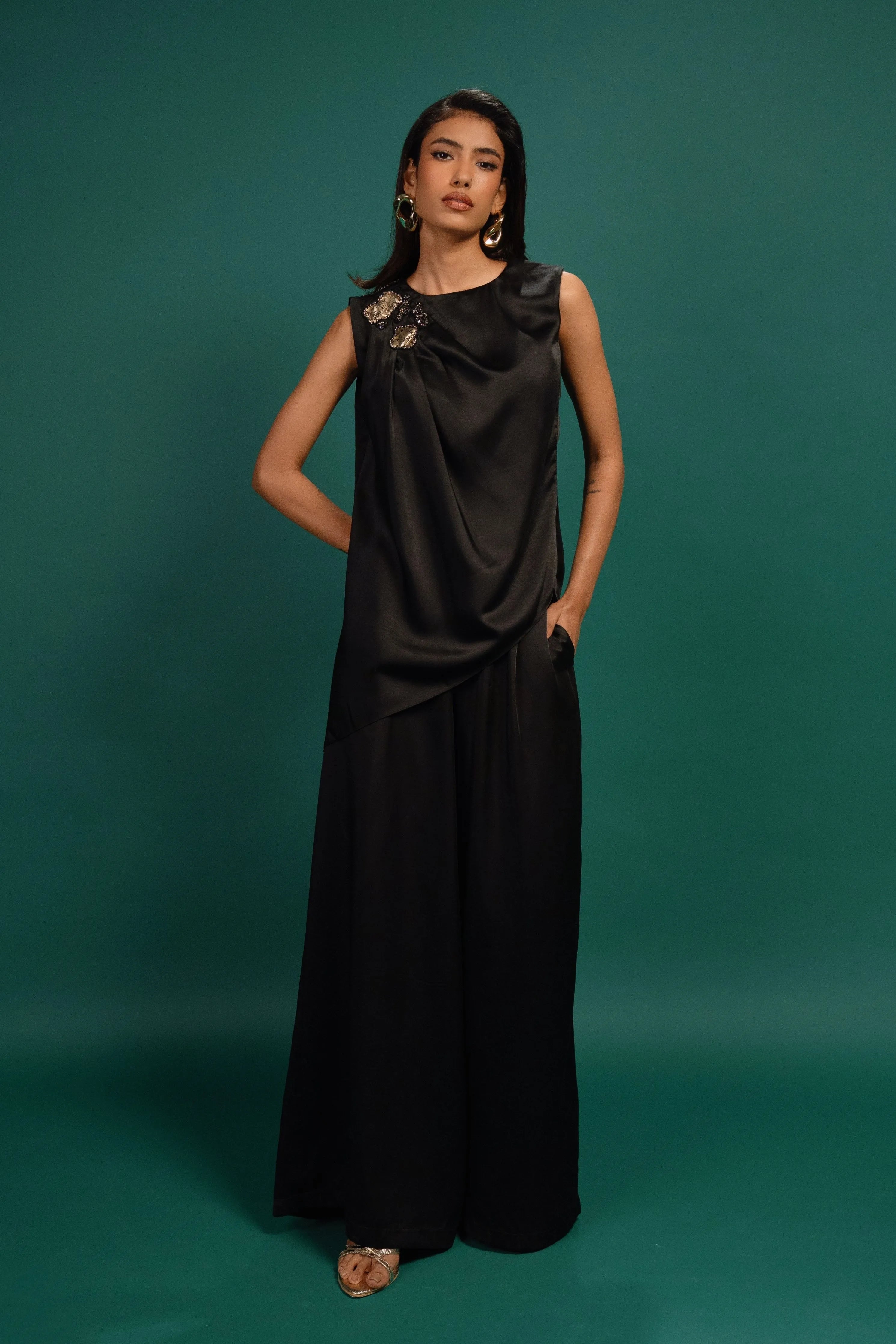 Ebony Spotted Draped Satin Top