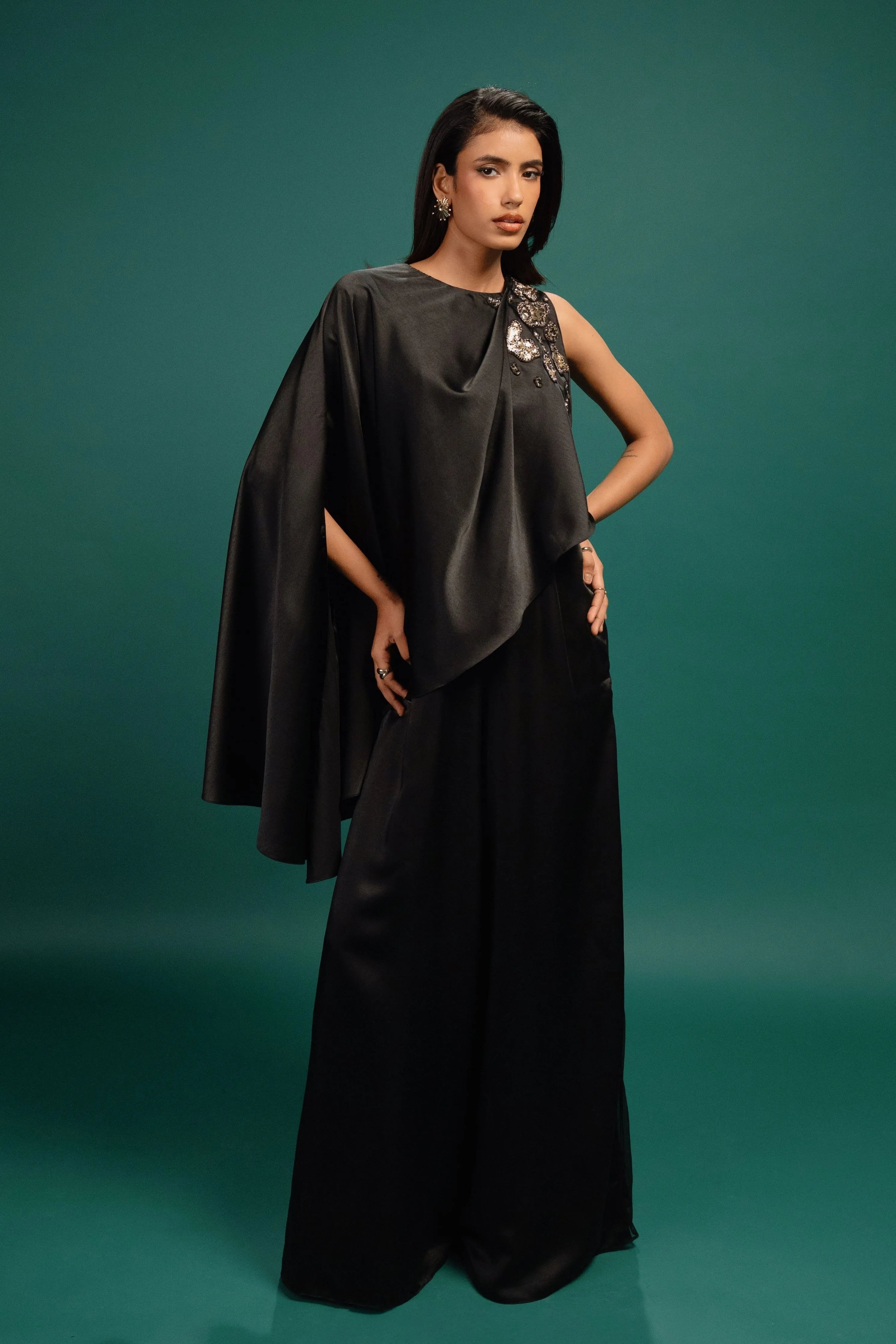 Ebony Spotted Draped Satin Cape Jumpsuit