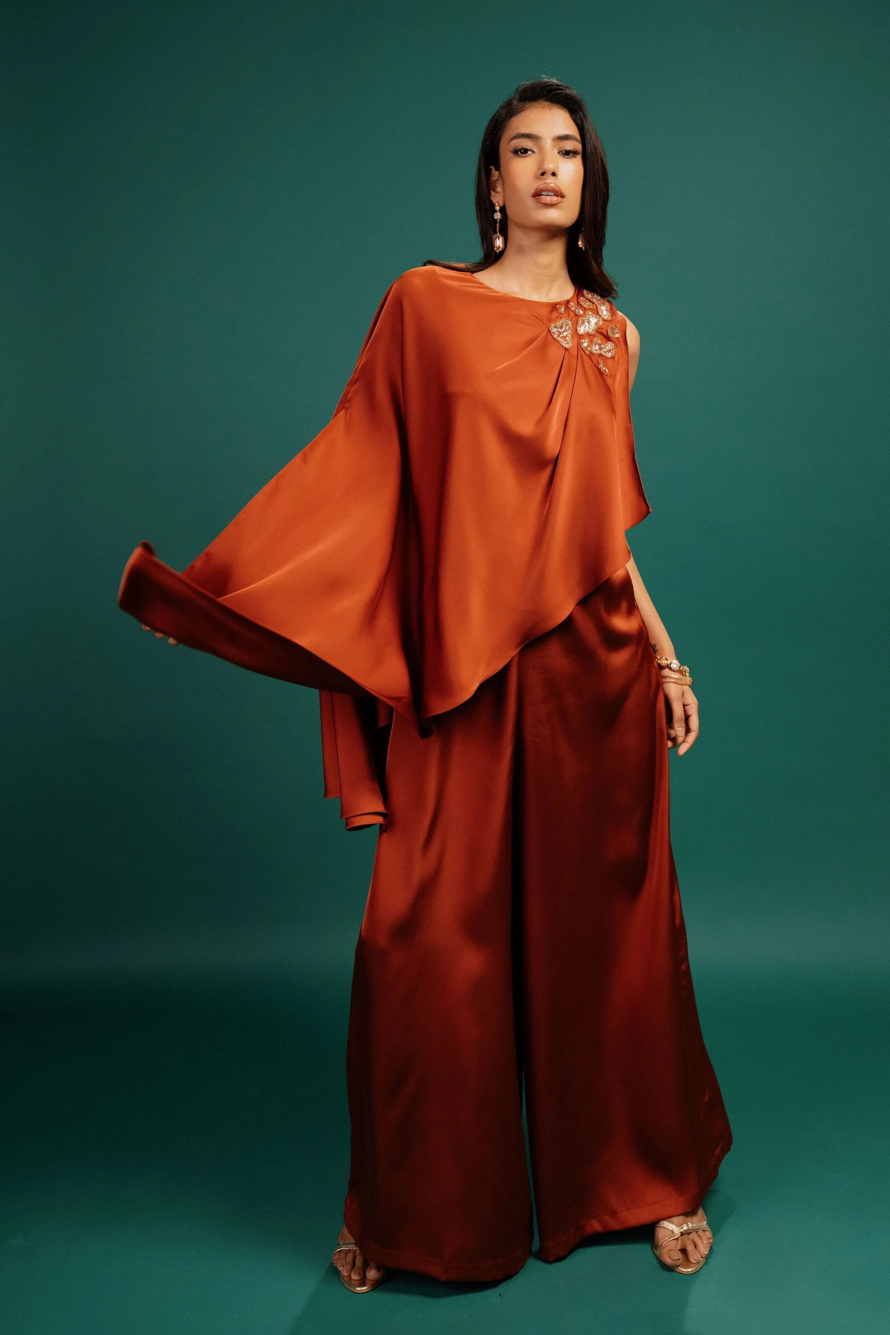 Rust Spotted Draped Satin Cape Jumpsuit