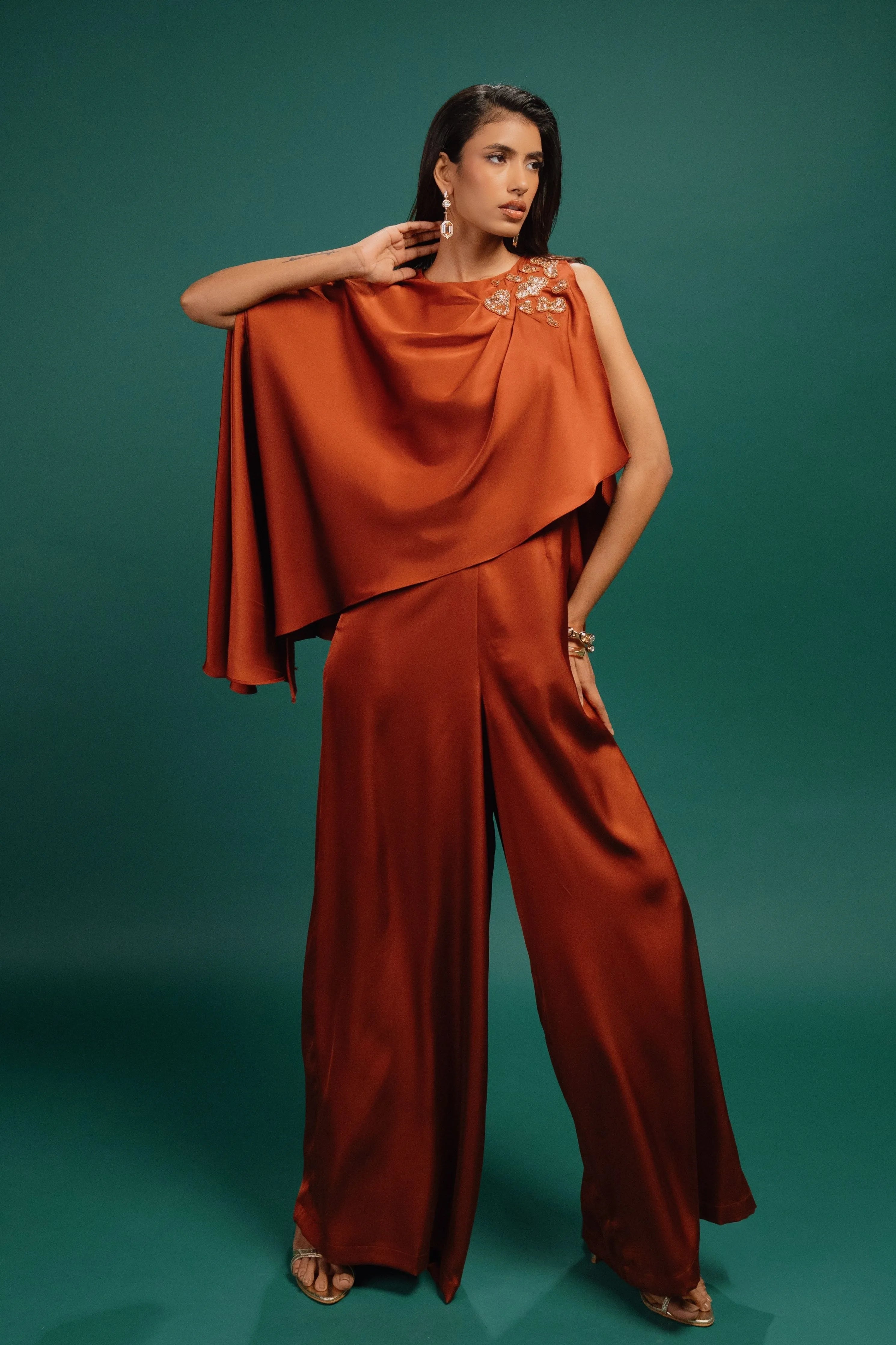 Rust Spotted Draped Satin Cape Jumpsuit