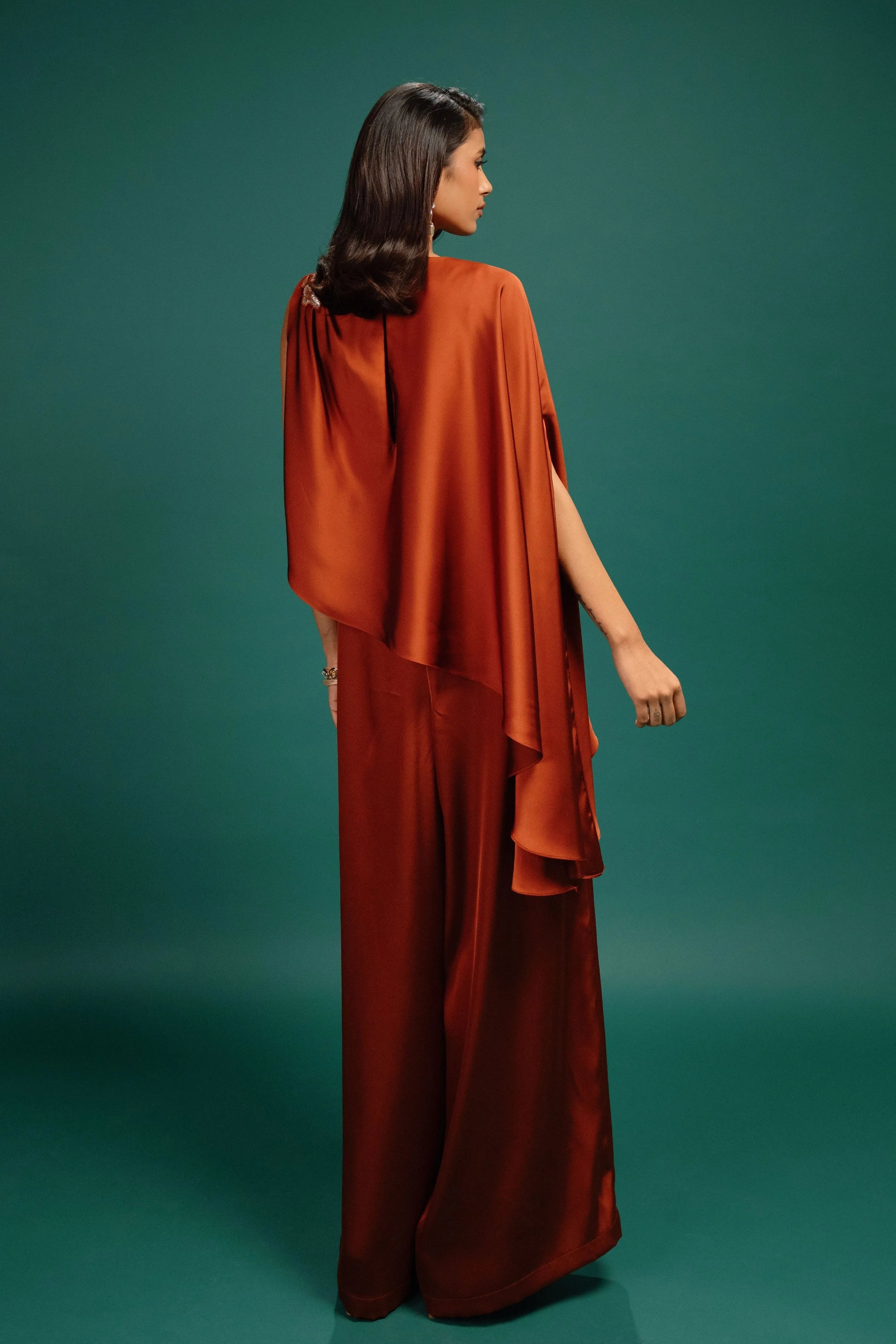Rust Spotted Draped Satin Cape Jumpsuit