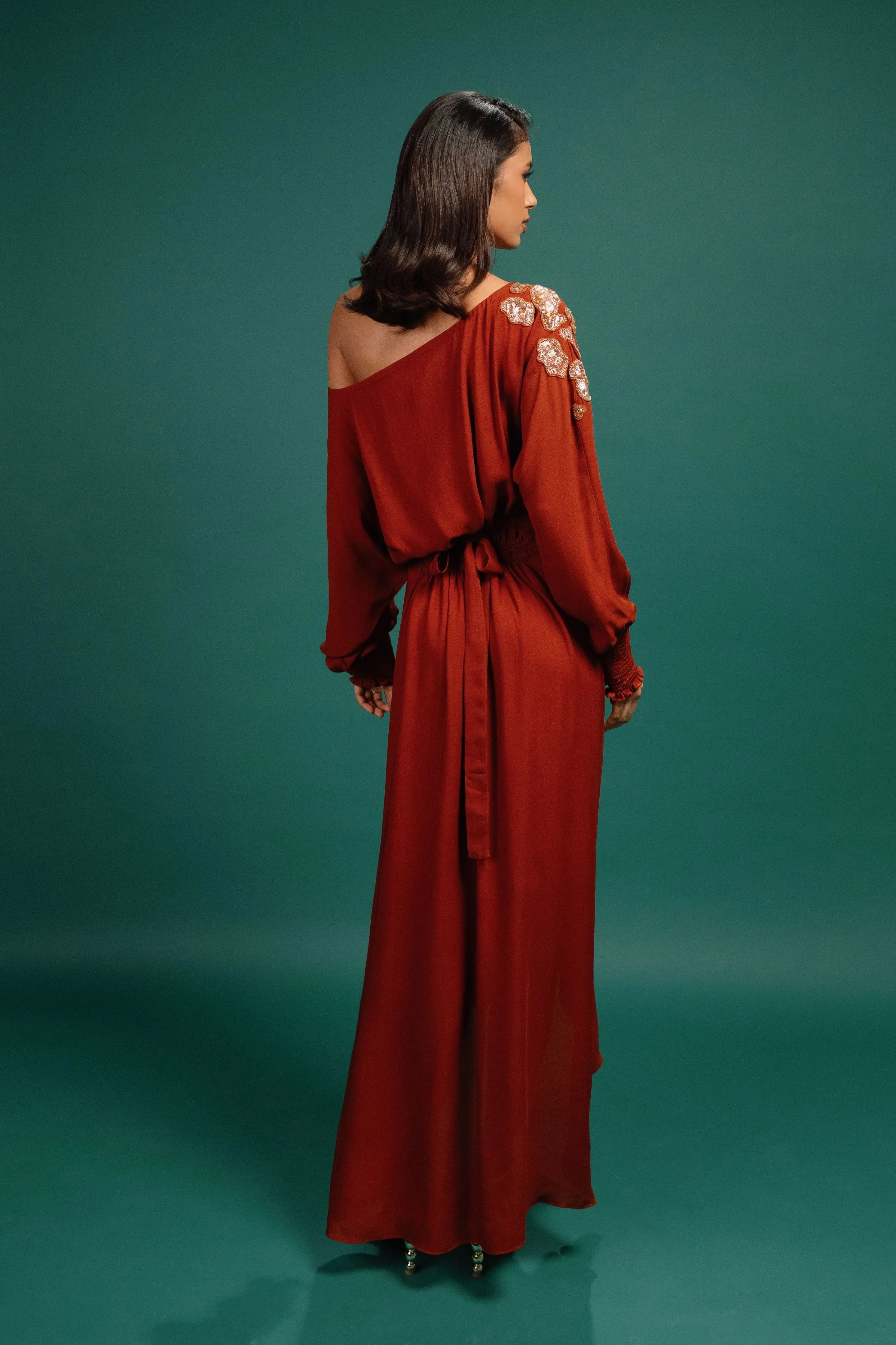 Rust Spotted Wrap Georgette Dress