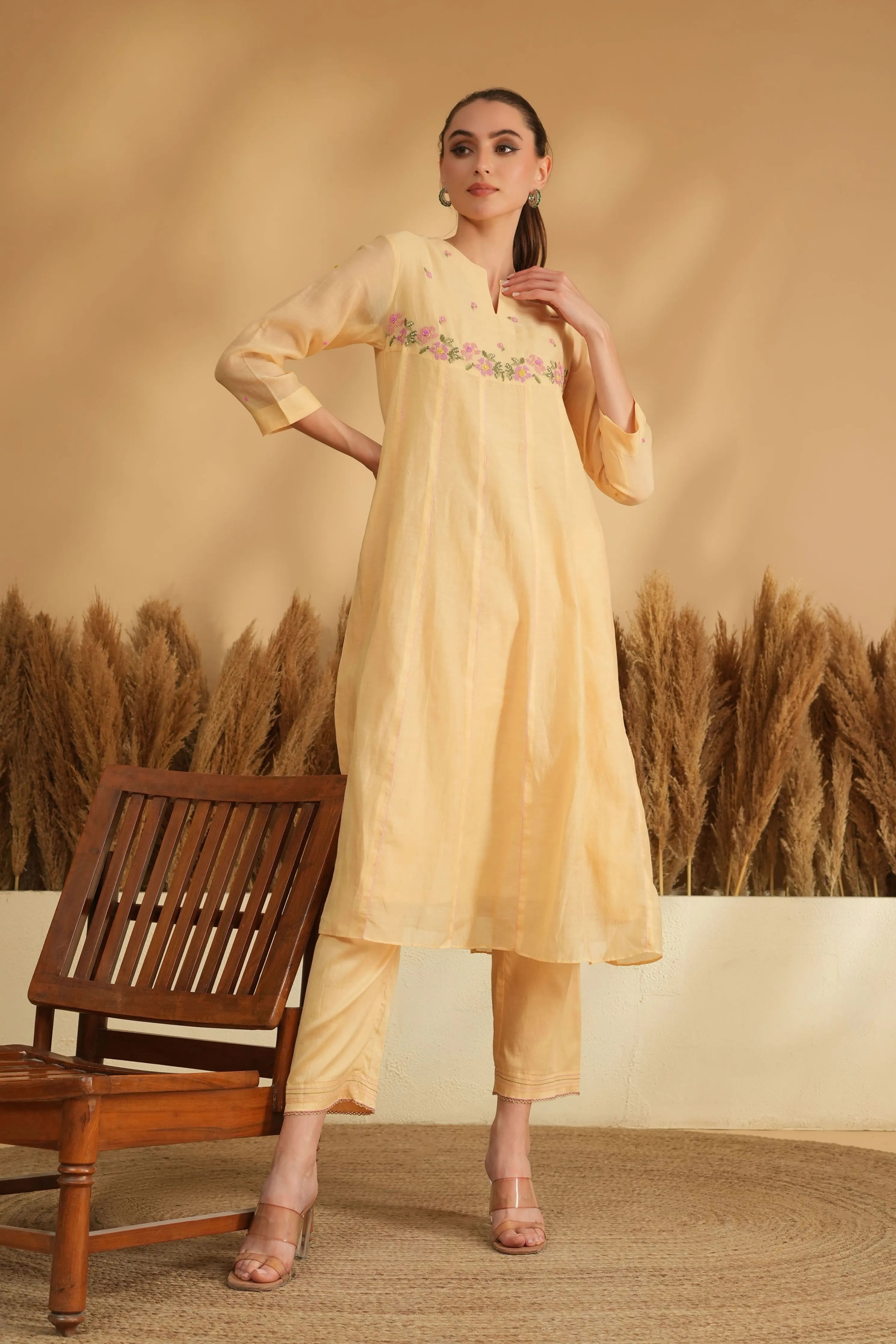 Yellow U Yoke Cross Stitch Kurta Set