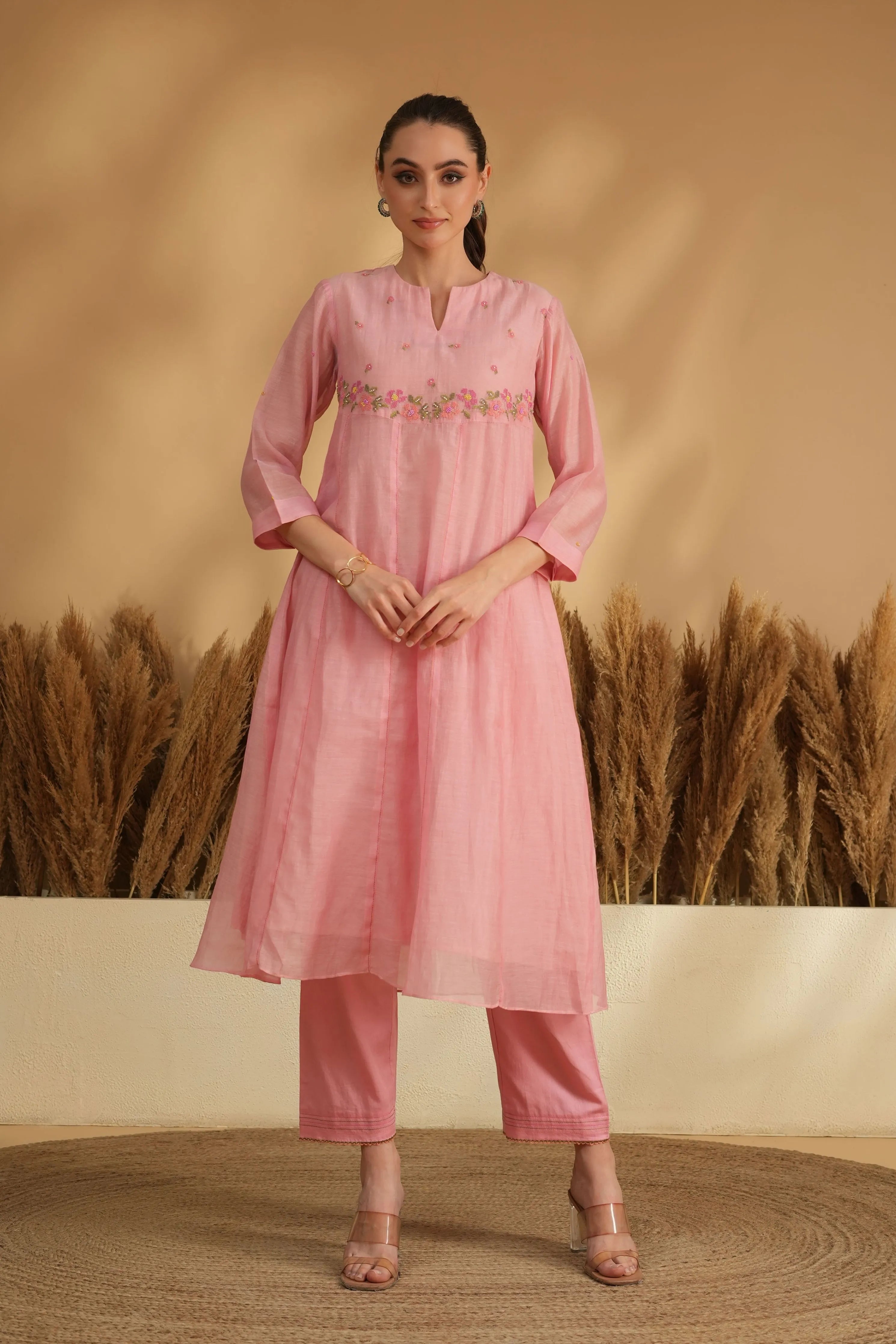 Pink U Yoke Cross Stitch Kurta Set