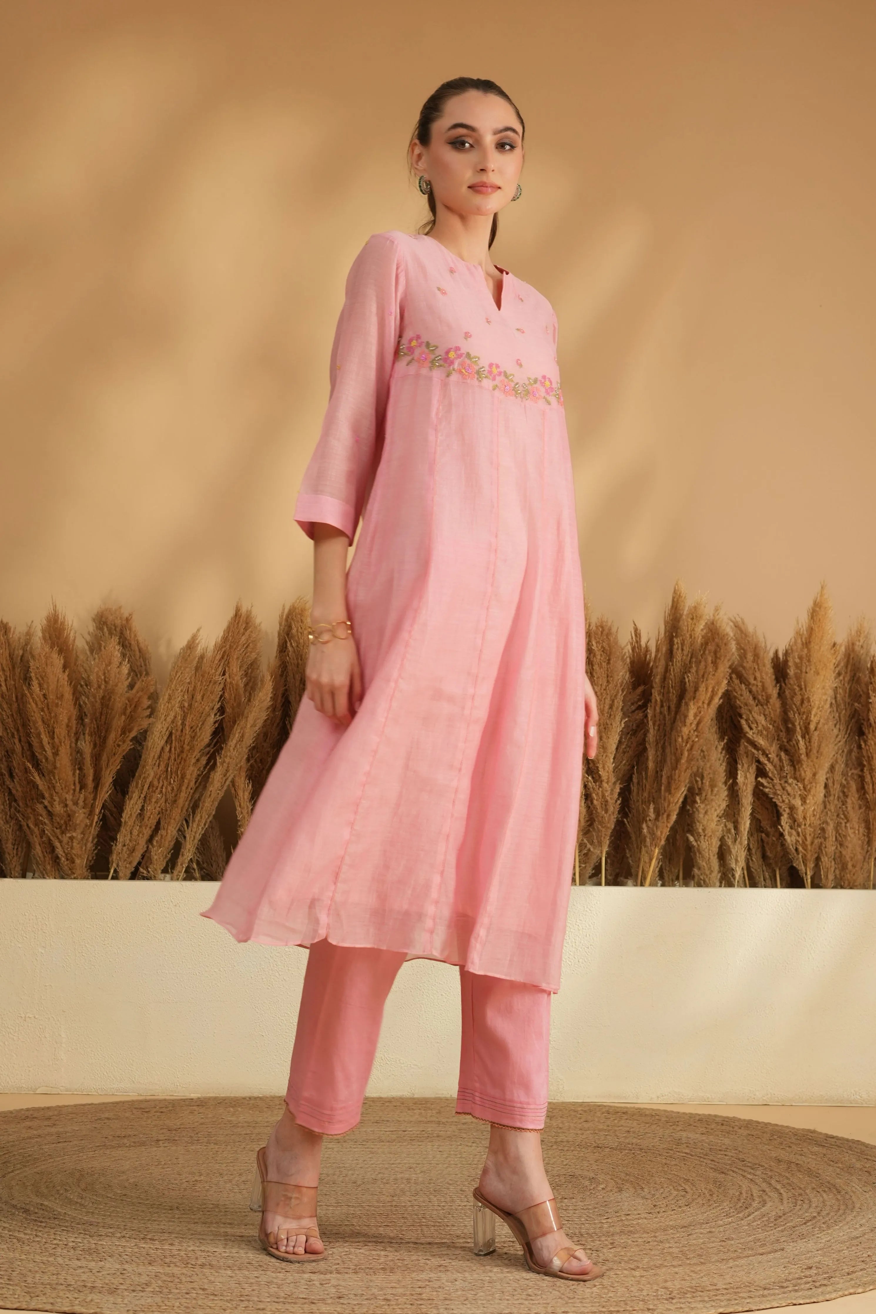 Pink U Yoke Cross Stitch Kurta Set