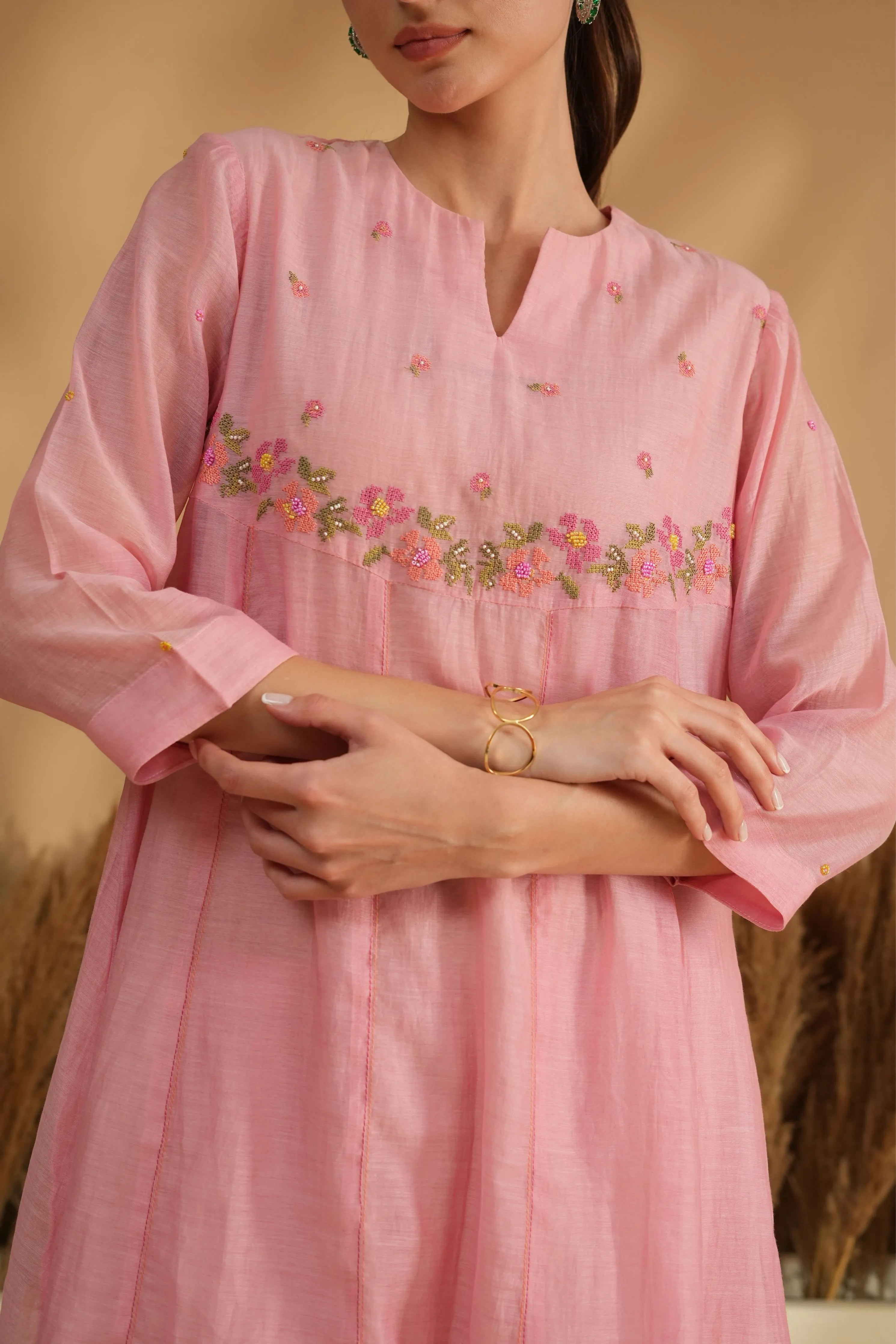 Pink U Yoke Cross Stitch Kurta Set
