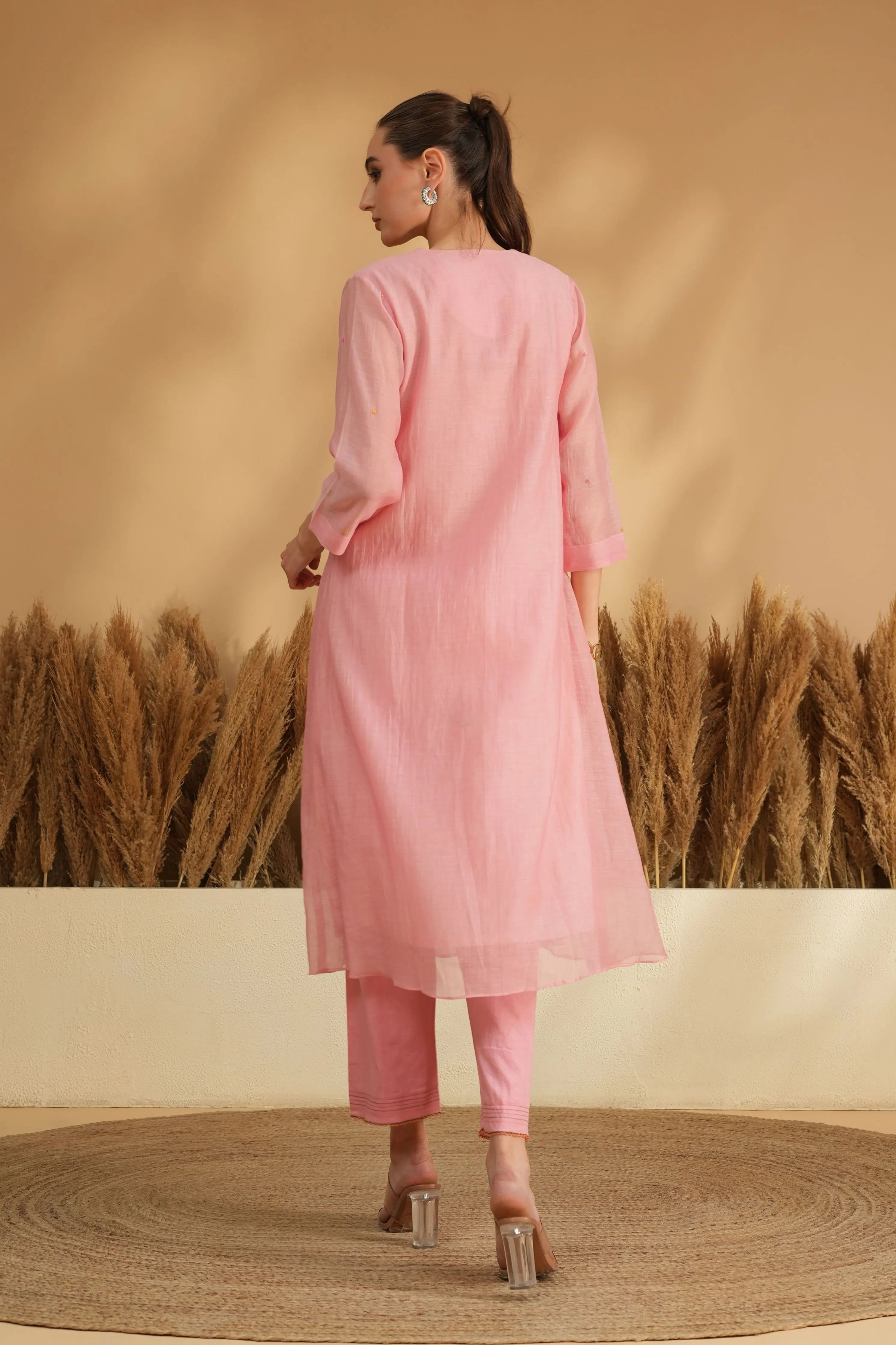 Pink U Yoke Cross Stitch Kurta Set