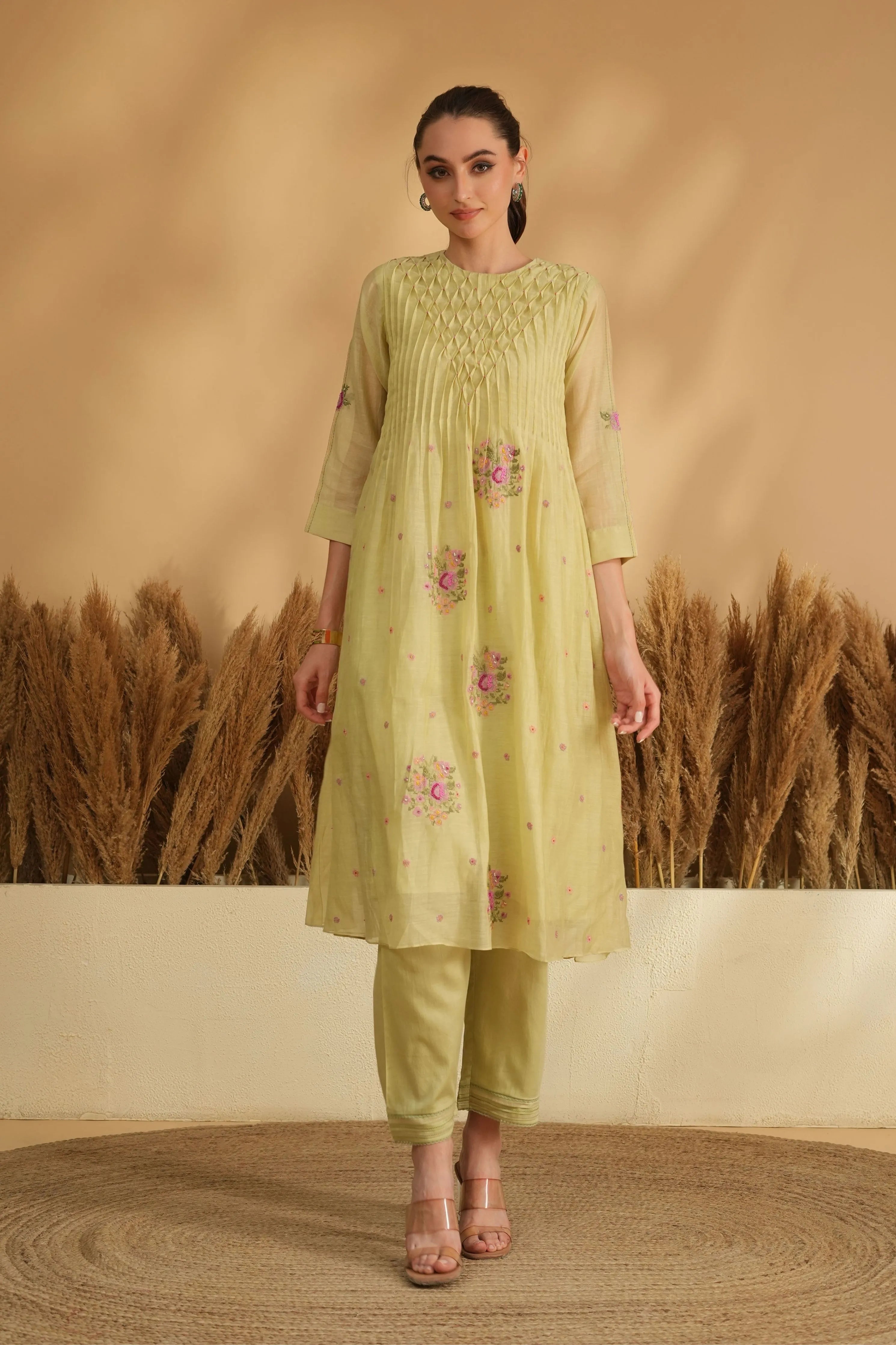 Green Smocking Cross Stitch Kurta Set