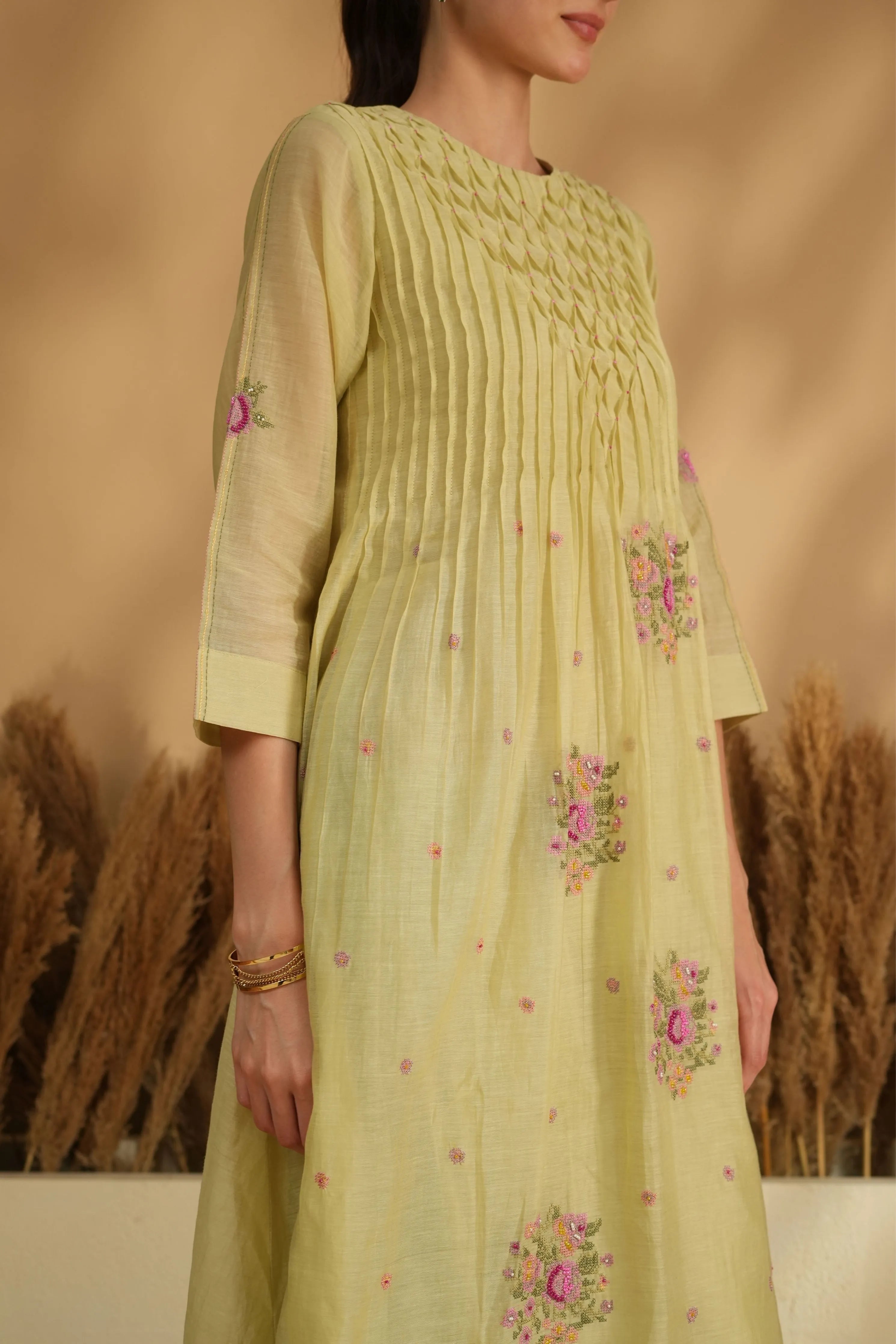 Green Smocking Cross Stitch Kurta Set