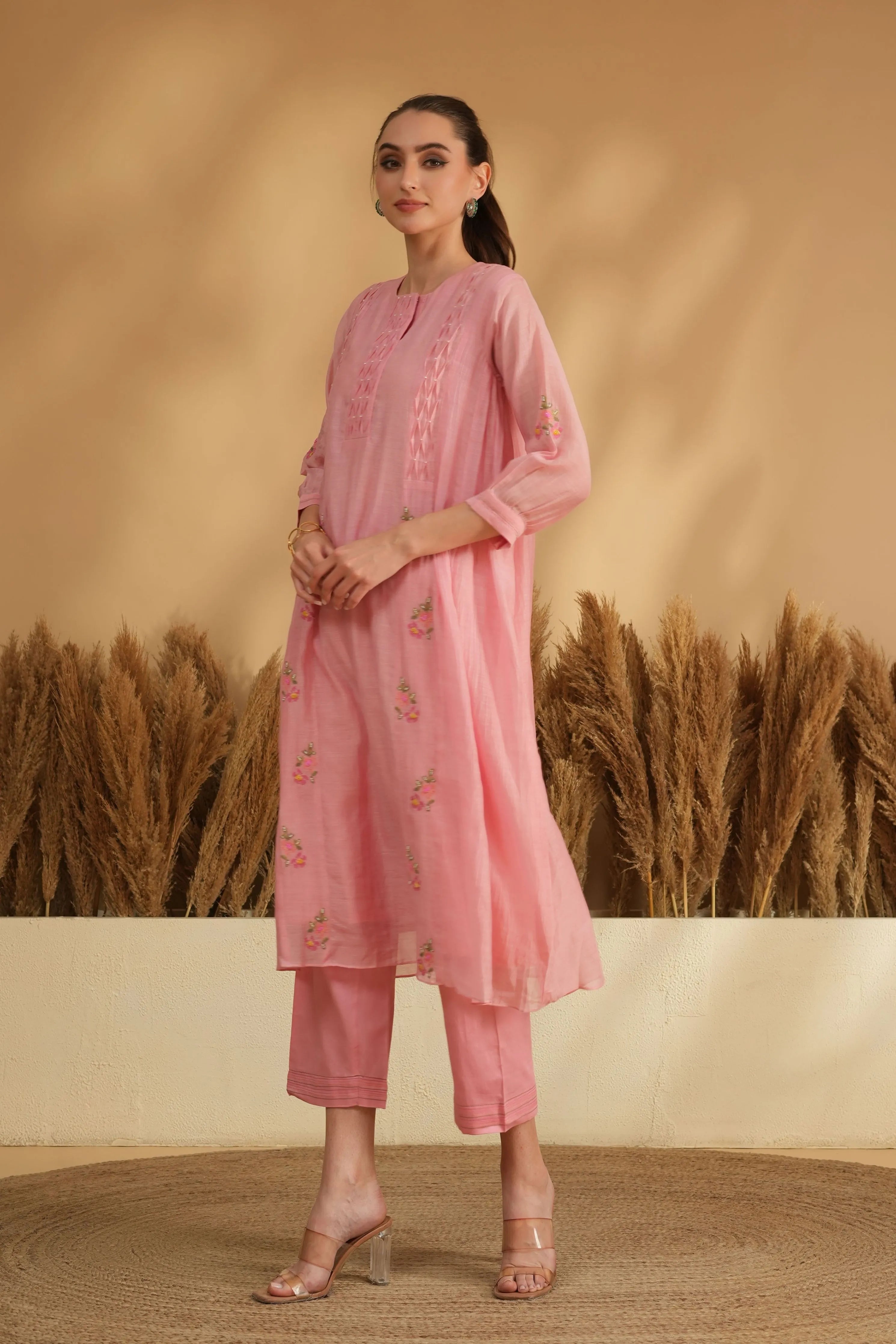 Pink Smocking Panel Cross Stitch Kurta Set