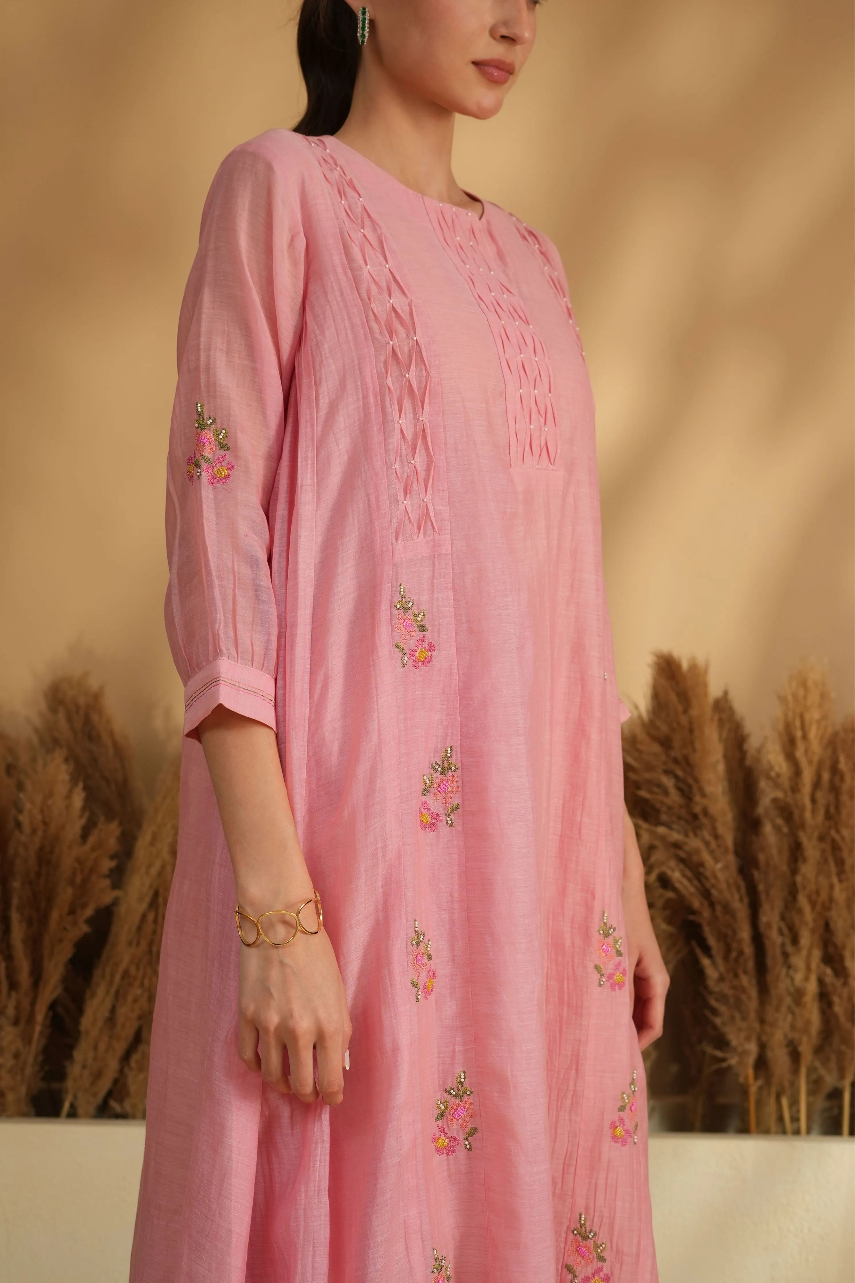 Pink Smocking Panel Cross Stitch Kurta Set