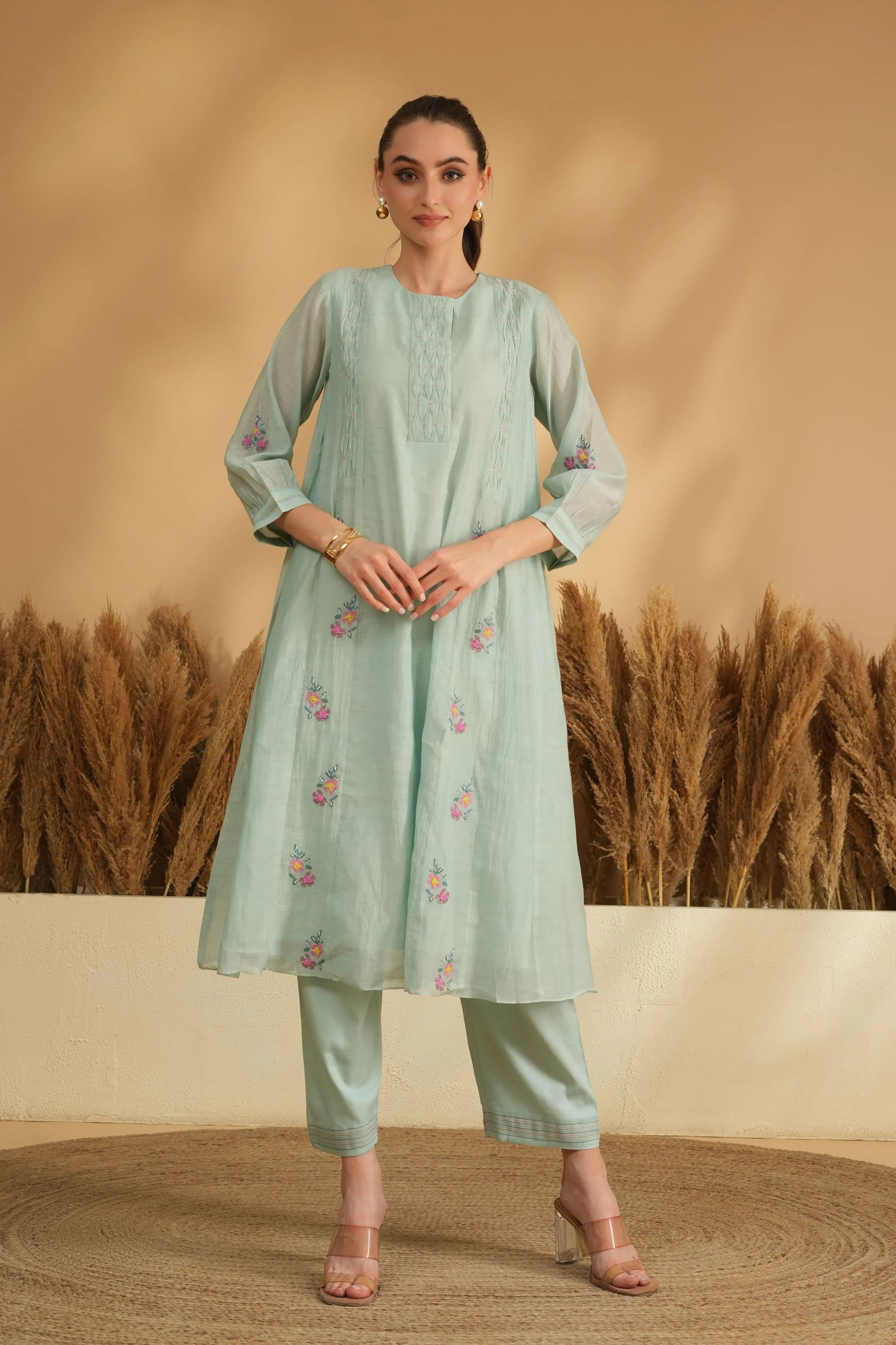 Blue Smocking Panel Cross Stitch Kurta Set