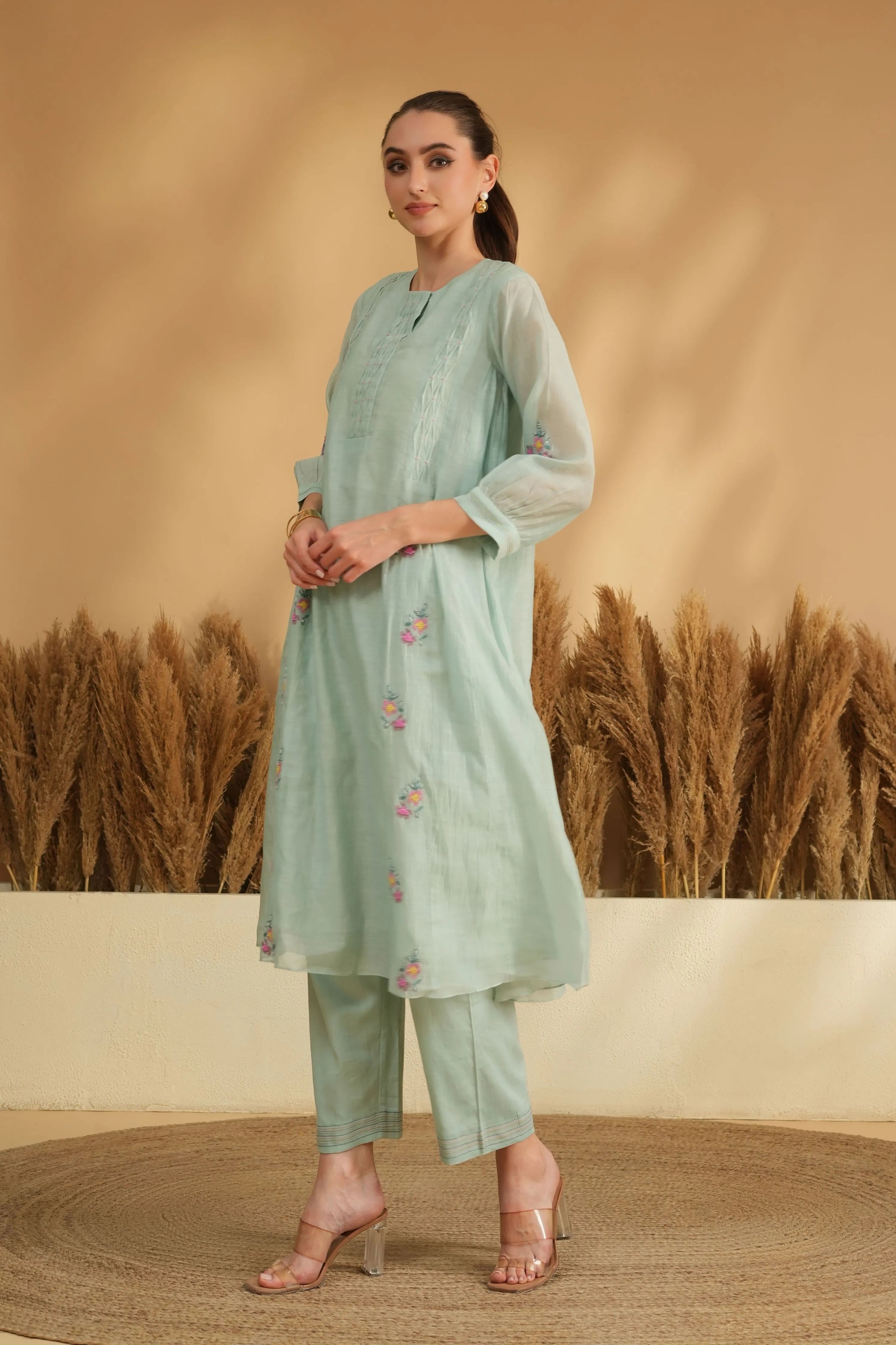 Blue Smocking Panel Cross Stitch Kurta Set