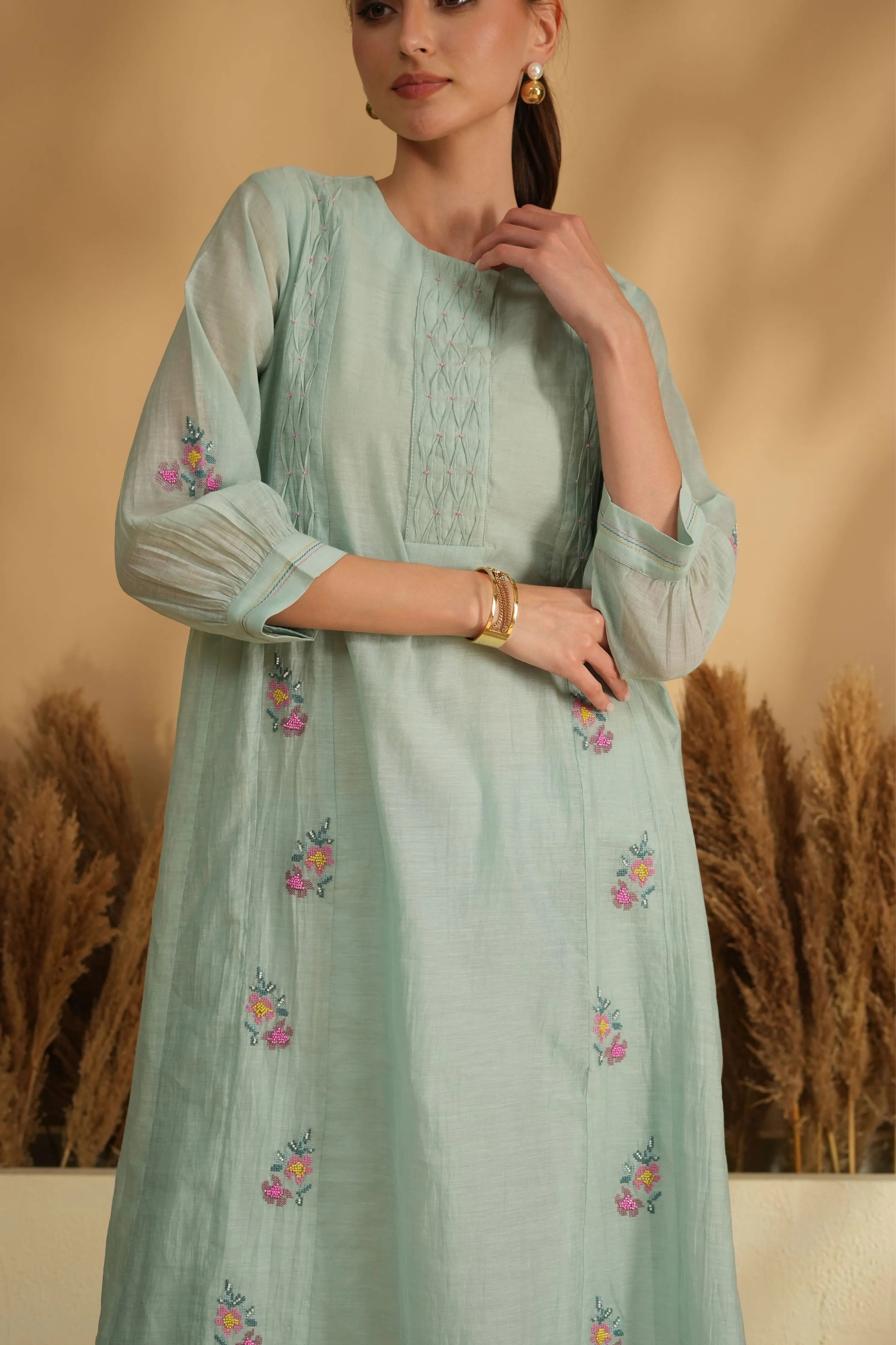 Blue Smocking Panel Cross Stitch Kurta Set