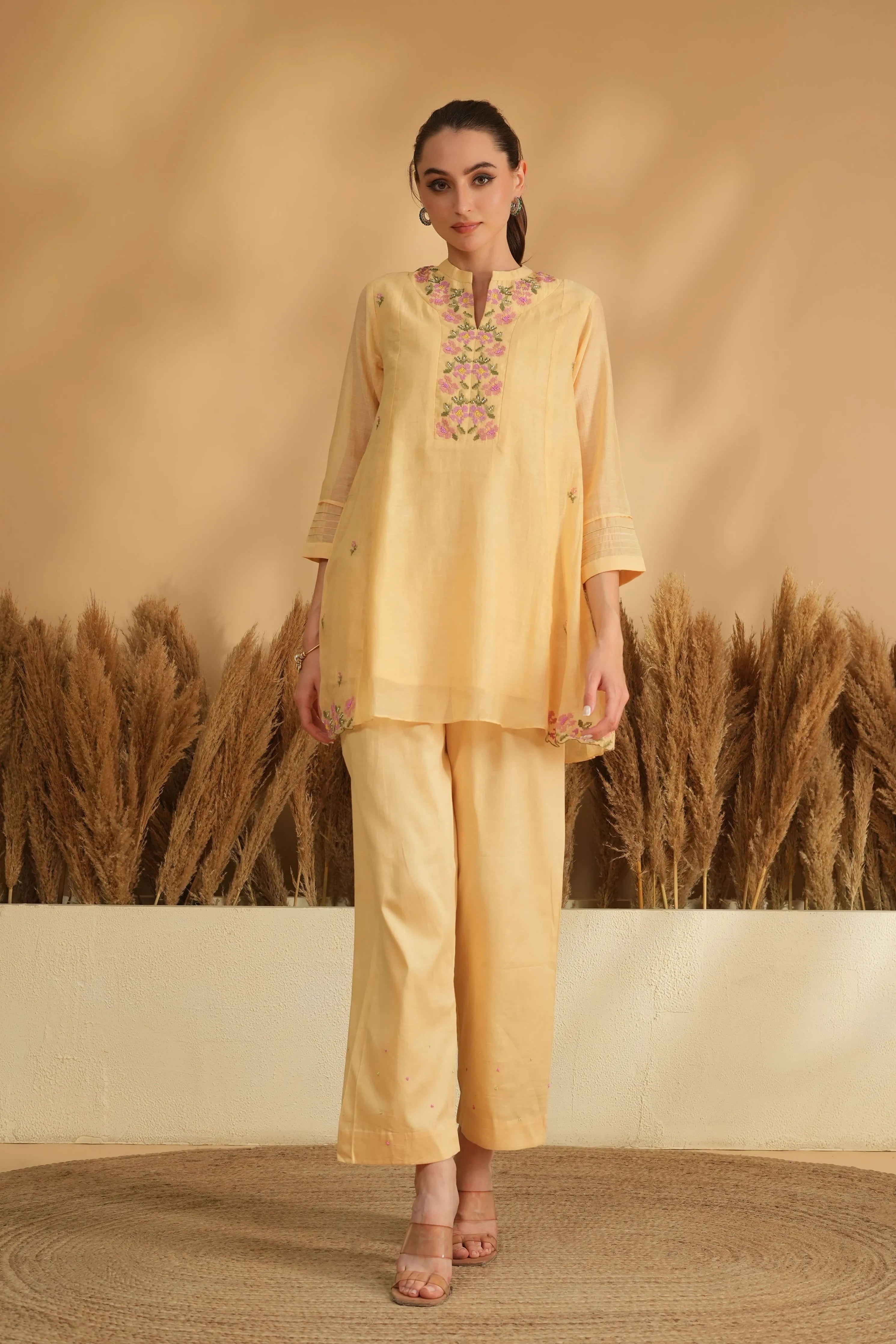 Yellow Neckline Cross Stitch Co-Ord Set