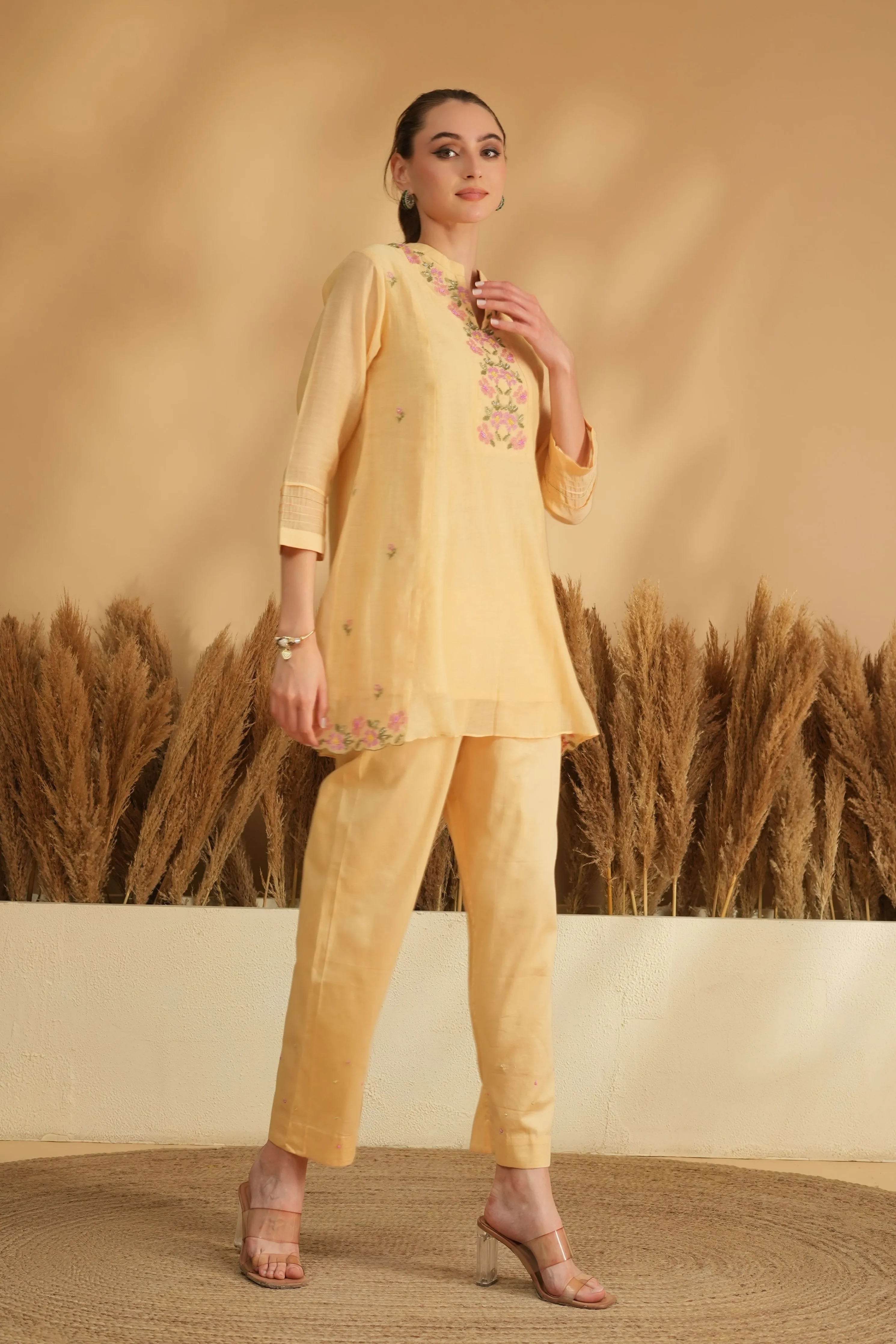 Yellow Neckline Cross Stitch Co-Ord Set