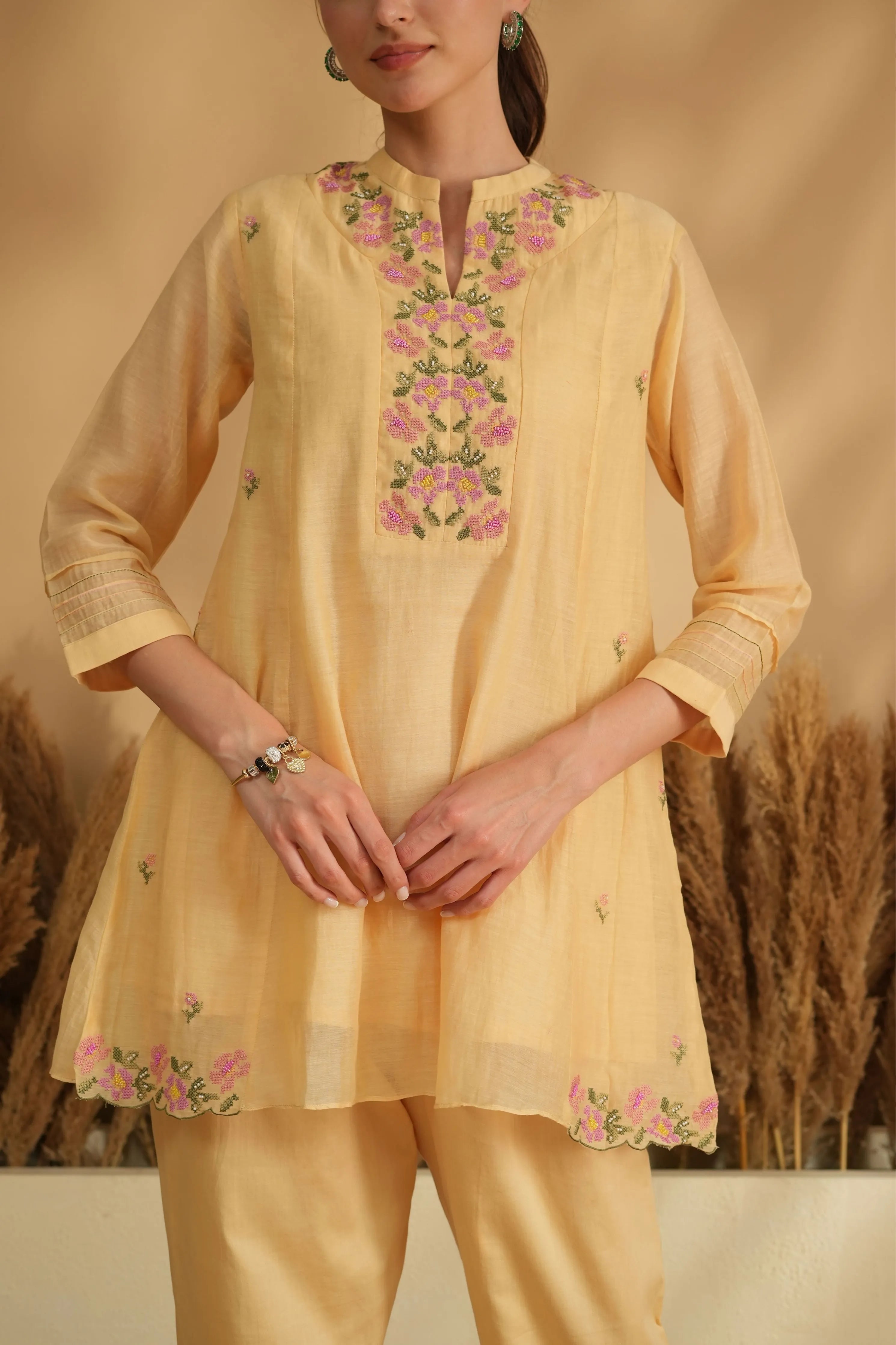 Yellow Neckline Cross Stitch Co-Ord Set