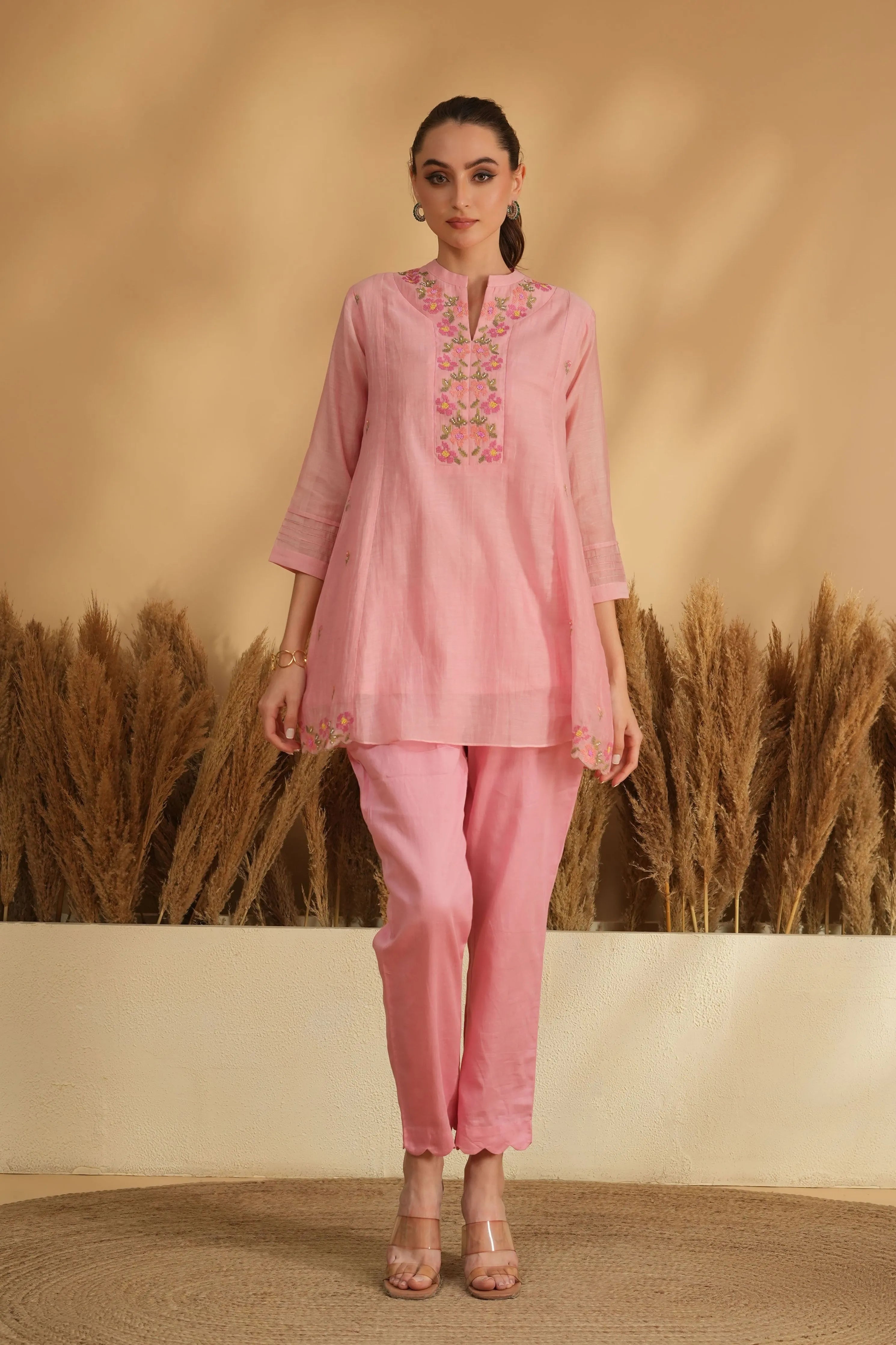 Pink Neckline Cross Stitch Embroidery Co-Ord Set
