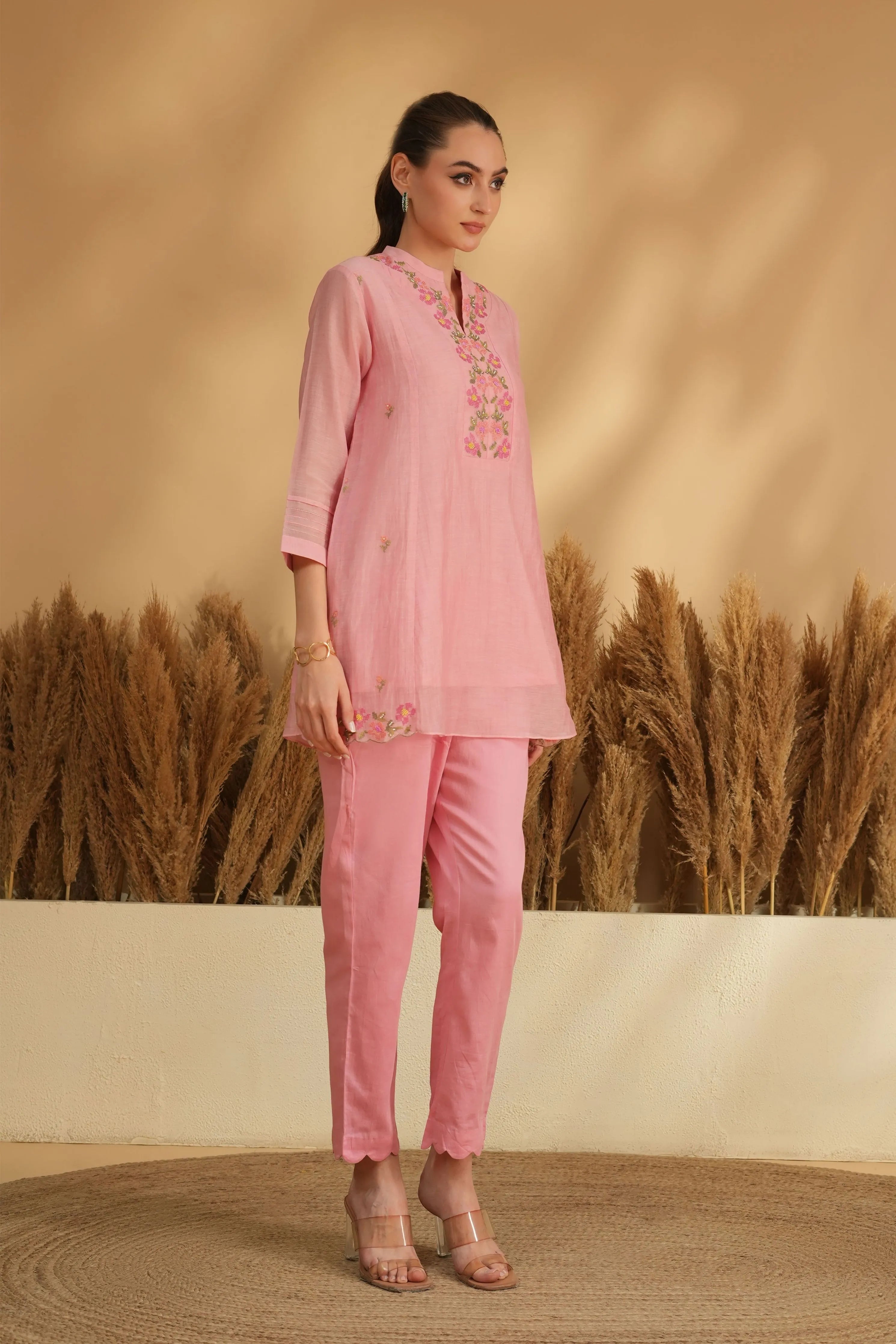 Pink Neckline Cross Stitch Embroidery Co-Ord Set