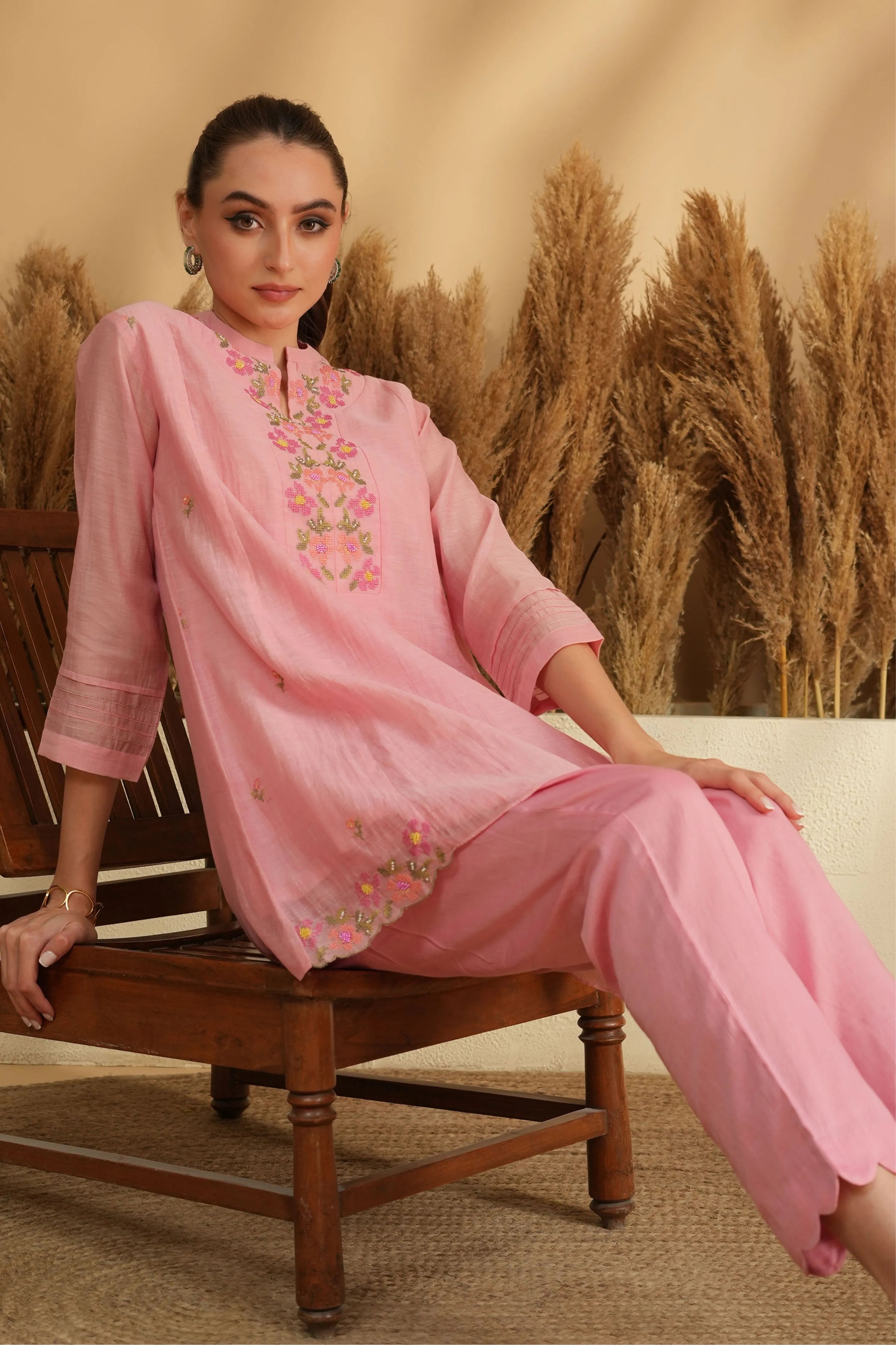 Pink Neckline Cross Stitch Embroidery Co-Ord Set