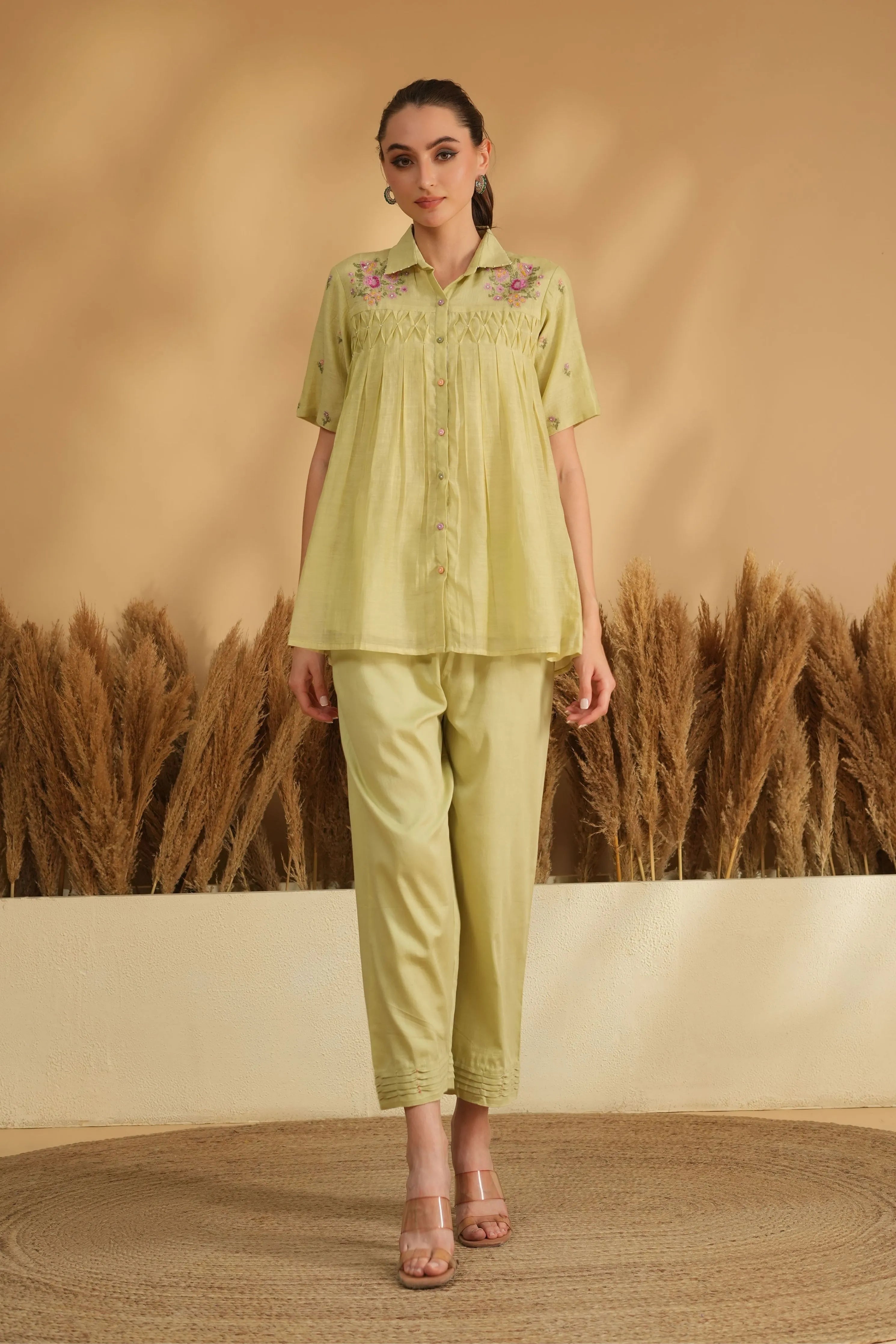 Green Smocking Cross Stitch Embroidery Co-Ord Set